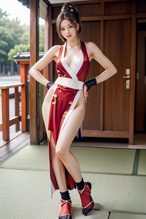 mai shiranui, (Full body portrait:1.4), Full body, (tabi:1.4), (Realism), (masutepiece:1.2), (Best Quality), (ultra-detailliert), (8K, 4K, Convoluted), (skinny), Prestige, Brown eyes, Long hair, Brown hair, White ribbon, Sleeveless, poneyTail, sash, pelvis curtain, arm guards, mitts, fascinated expression, Sexy eyes, medium breasts, Smile, Cute, view the viewer, Long hair, Close to Japan temple, (breasts focus:1.2), (Realistic:1.2), (Full Shot: 1.2), (85 mm), light Particle, Lighting, (Highly detailed:1.2), (Detailed face:1.2), (gradients), SFV, Colorful, (Detailed eyes:1.2), (Detailed temples of Japan: 1.2),(Detailed background), (Dynamic Angle:1.2), (Dynamic Pose:1.2), (Line of action:1.2), Wide Shot, Daylight, Solo.