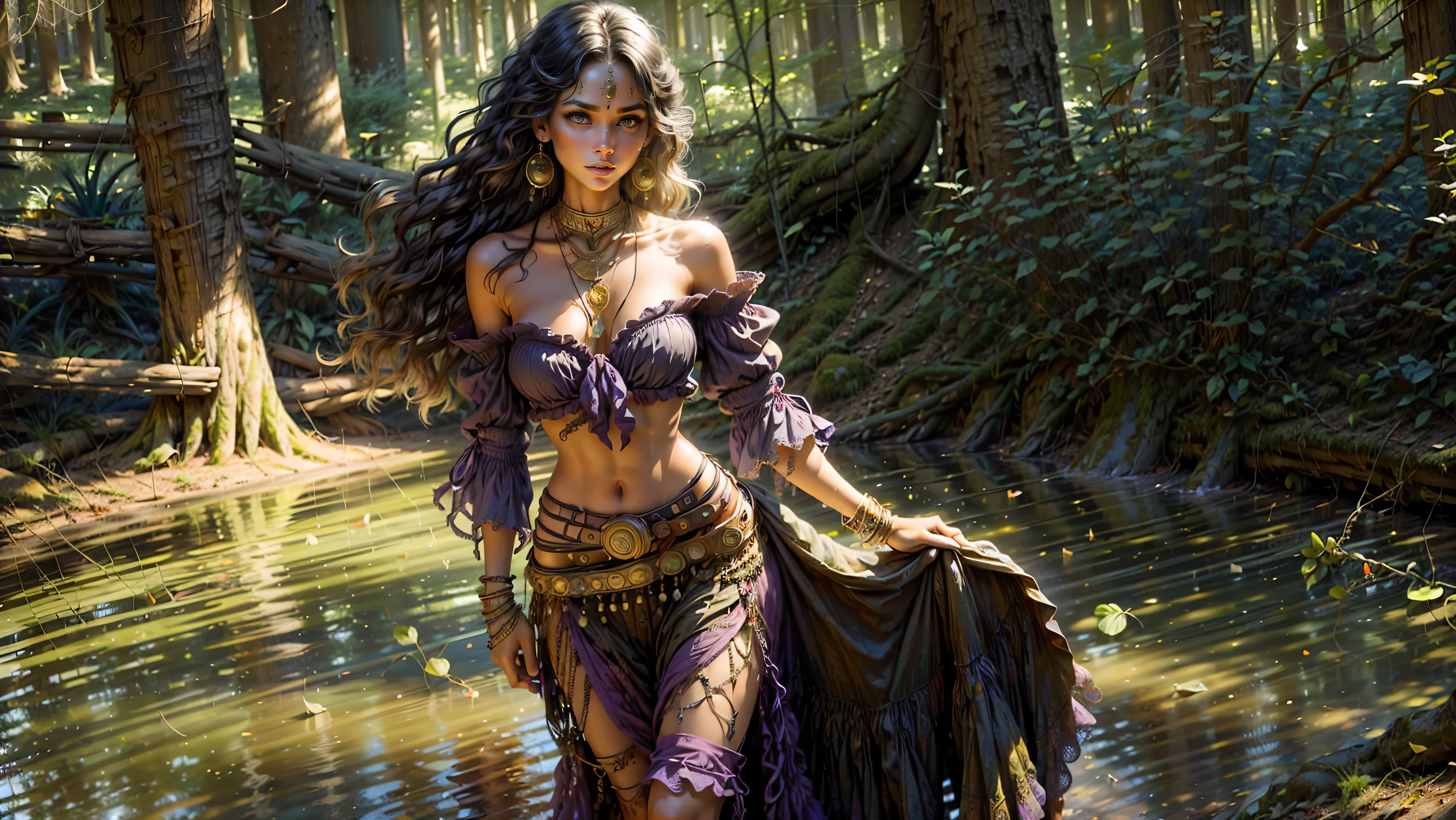 ((1girl, solo)), ((realistic)), Gypsy girl walking in the Louisiana swamp, , young girl, cute girl, fit, ((skinny)), ((small hips)), ((hair hanging straight down)), ((dark hair)), ((loose top)), midriff, ((top loosely draped over her breasts)), ((can see her breasts through her top)), looking at viewer, sexy, skirt low on hips, cowboy shot, (full body portrait), beautiful lips, sexy mouth, ribbons, beads, bangles, upper body, dark-eyed, bangs, ribbon, bayou, sunlight just leaking through, walking on wooded trail,