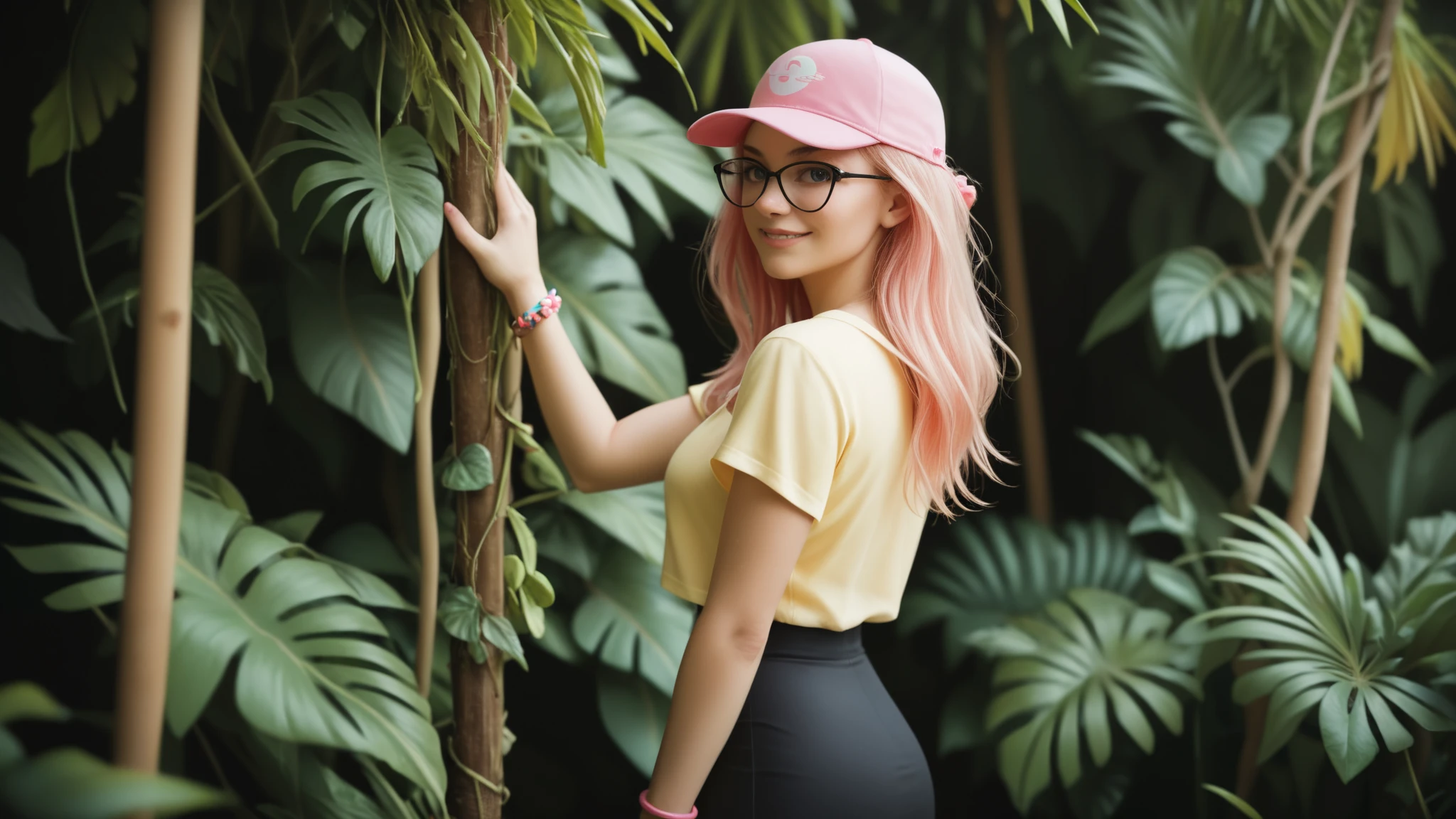 score_9, score_8_up, score_7_up, score_6_up, score_5_up, score_4_up, female in tropical garden, BREAK, female, from side, from behind, yellow shirt, short sleeve, fit high-waisted black skirt, pink trucker hat, pink hair, long hair, straight hair, black frame glasses, (looking at viewer:1.4), smile, bracelet, tropical plants, large leaves,