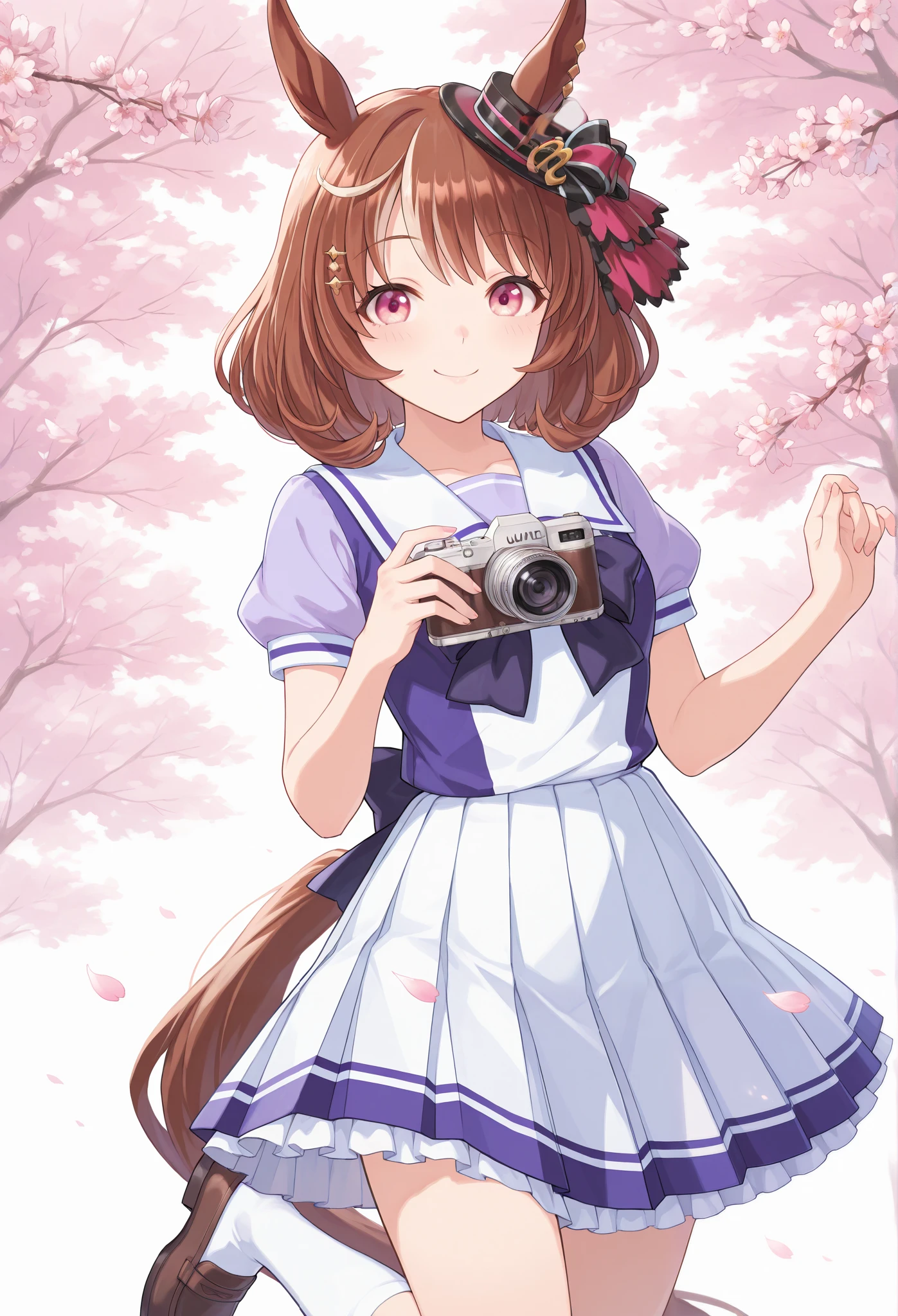 {{{Racecourse:1.6}}} {{{ 【 focuses on her upper body :1.5}}},( high resolution),( high resolution), ( Unity 8k Wallpaper),( detailed image ), {{{Type Moon :1.7}}},((draw:1.5)), {{{North Flight}}}\( Uma Musume\)},{ seductive smile },\(Uma Musume\),\( Uma Musume\), Official Costume,{Great excitement}{Mischievous face}、 {{{ girl holding a SLR camera }}} 、{{{ girl shooting with camera }}},{ A girl holding a camera in her hand }, { front view}\( Uma Musume\),{{{ Cherry Blossom Eyes }}},{{{ Cherry blossom pattern eyes }}}
トレーセンuniform, summer uniform, uniform, Fluffy Short Sleeve , purple bow tie , Horseshoe ornament , sailor color , sailor shirt , purple shirt , white skirt, pleated skirt, frills, miniskirt, absolute territory , White Knee High , brown footwear , loafers,