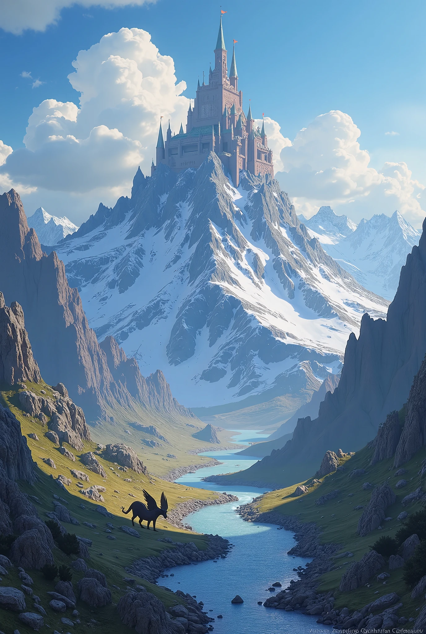 There is a castle on a mountain with a river in the foreground - SeaArt AI