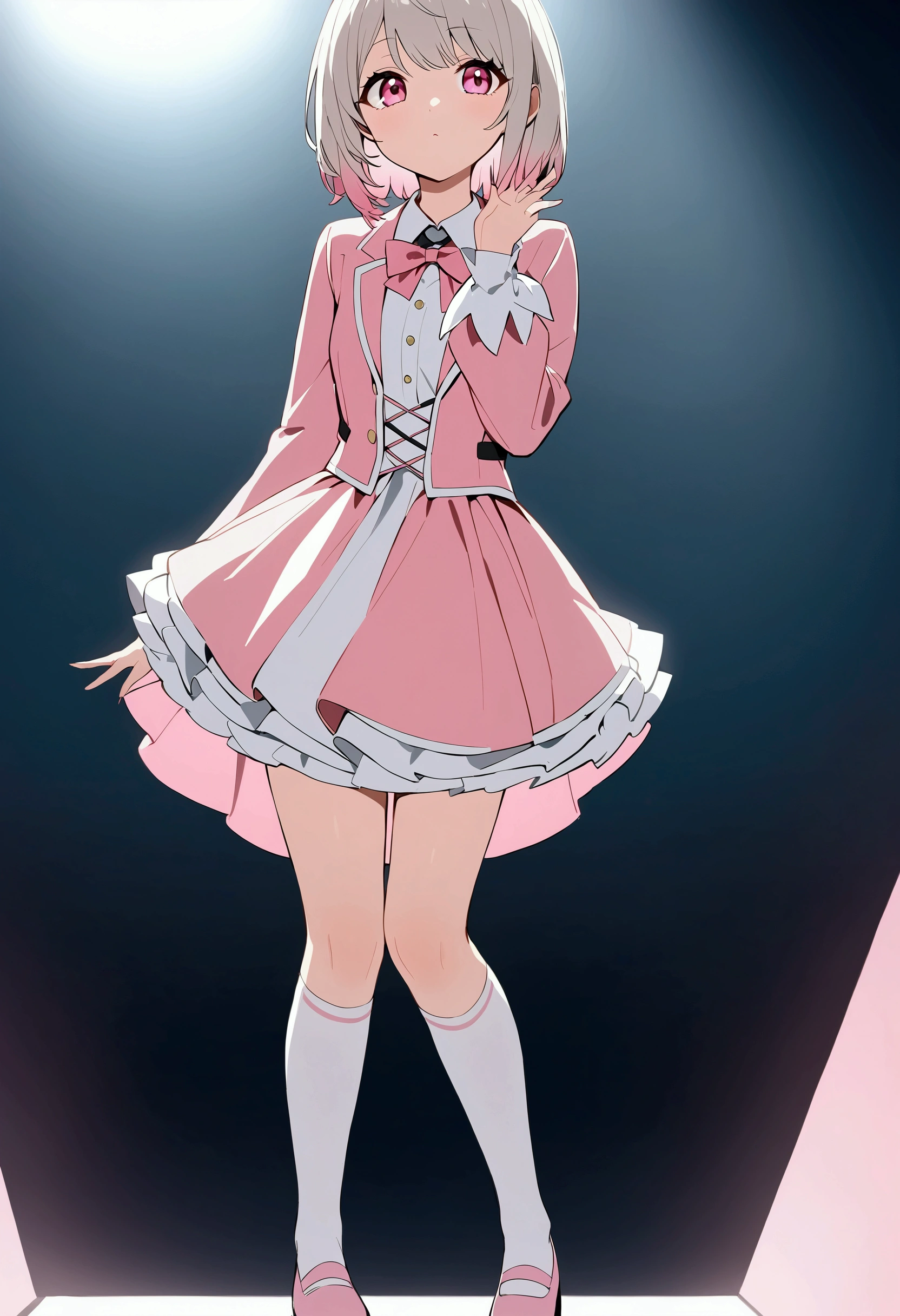 pink costume、 pink dress 、Gray Hair、Gray Hairに毛先はピンク、白の long sleeve dress ロングスカート、 pink ribbon がついた knee high socks、 pink ribbon 、 idol costume、White medium hair with pink tips 、Pink hair with pink tips、 long sleeve dress 、Beautiful Absolute Realm 、full body knee socks 、、白く short hair 、Beautiful Absolute Realm 、Alone、 knee hogh socks with pink small bow、、Depiction of fine eyes 、 short hair 、