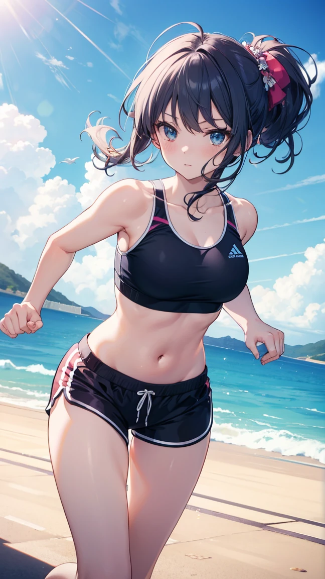 highest quality、cinematic lighting、beach volleyball woman、Beach volleyball bikini、small breasts、slender line、sandy beach、full of sweat、dripping sweat、Full body、black hair、