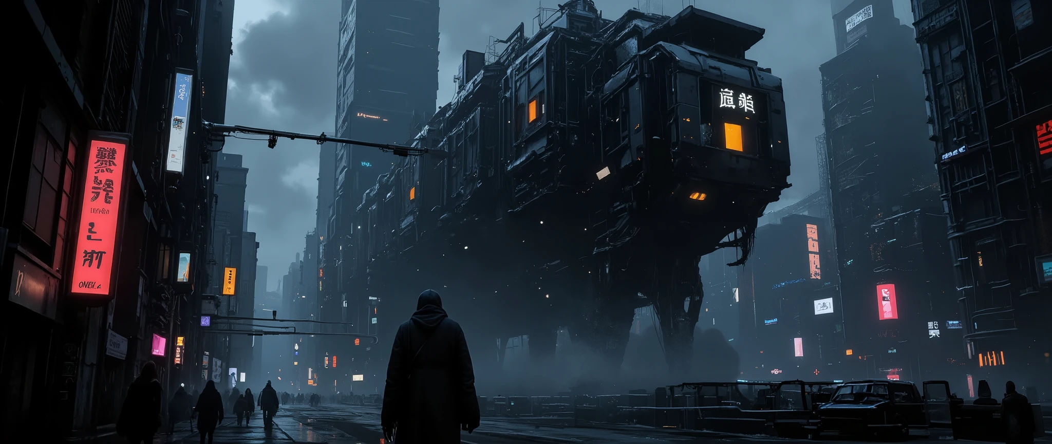 dark scifi antigravity floating dystopian tokio city, acid rain, neon noir, dark ambient, atmospheric view