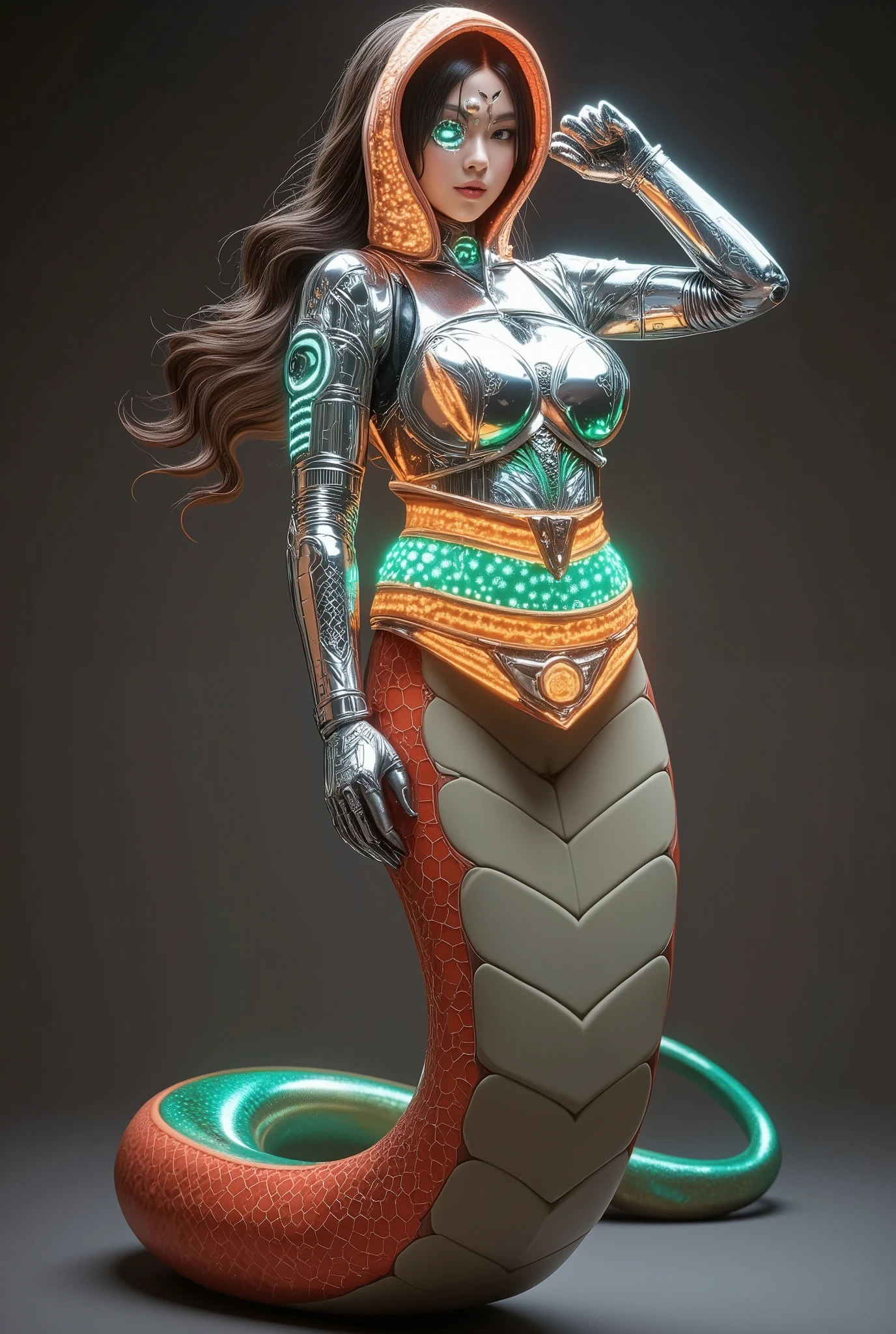 The goddess Ulotus , The surface of the armor is covered with self-written nanotatoos 。 The background city is a paradoxical architectural nightmare , with mercury wire injected with antimatter to form a Klein bottle ring , refracts light into a toxic spectrum of neon—the toxic spectrum of neon—The emerald gradient melts into a corrosive product at the vibrating tip of the tail Red 。 The hair is a living particle accelerator : Liquid hologram of ancient text , and becomes a cobra hood collar , framing her face , flows through the streets containing Digitally screaming liquid light rivers 。 Her pelvis fused to break down its lower edge , creates a biomechanics that floats above a self-replicating fractal city , The hexagonal grid pattern mimics the heat pit of a poisonous snake , Her form embodies the paradox of destruction and rebirth 。 Each pattern is covered by a nanotechnology prism , that have been captured x} records the decline of a forgotten civilization , A singular core containing a miniature galaxy shines brightly , winds through her mercury-like hair 。 A bodysuit is a quantum superimposed garment {x } An inverted skyscraper spews black hole smoke : Their luminous text flows into a retractable data cable , which contains particles of star dust , and a photon woven combat suit , in the Fiancina sequence Transition between and I Ching Ga 。 of the building at her navel , Her breastplate appears to have grown from crystallized venom , Each ring contains a miniature supernova explosion 。 Her face combines predatory perfection with cosmic fear—her diamond-shaped pupils contain microholograms of colliding neutron stars,, while floating boulders predict failure in 4D hypercube mode 。 her lips sparkle , lashes made of crystallized dark matter break down light into the color 。 Her sinuous lower body has a triple helix DNA pattern : while showing falling snakeskin preserved in epoxy resin , The scales transition upwards into living armor 。 does not cause and effect blade , It flows like liquid metal ;When stirred, , and it becomes a plasma tendril , carve quantum equations in the air 。 These organs are arranged in a sacred geometric pattern : exists at the same time , like a Mayan step pyramid , and grows with biomechanical coral , Its accretion disk is shaped like an Urotus symbol 。 nanofluids alternate between mirrored chrome and vantablack textures , Its translucent amber surface reveals the pulsating bioluminescent organ below 。