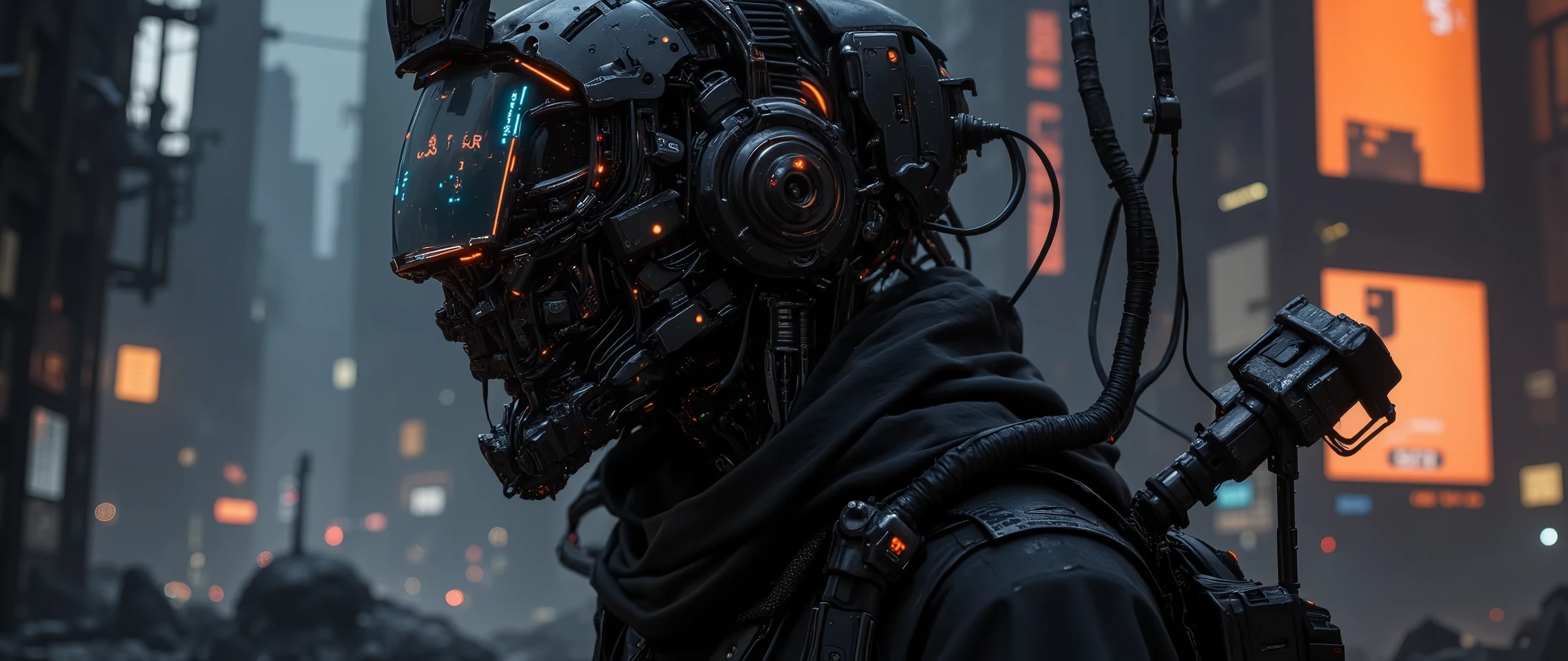 dark scifi antigravity floating dystopian brutalist city atmospheric view apoclypse cyber information scout, dressed in sleek, dark mechanical armor with intricate, weathered details, stands in a dynamic pose. The armor is adorned with glowing neon accents in electric blue and vibrant tangarine highlighting its advanced technology. The scout's face is concealed by a high-tech visor that displays a glowing ASCII art, shifting subtly in real-time, giving a playful yet mysterious vibe. The visor is surrounded by a network of holographic interfaces, projecting streams of data, sound analysis and cryptic symbols.
The scout's armor is equipped with an array of advanced visual devices, including telescopic lenses, infrared scanners, and augmented reality overlays, all integrated seamlessly into the design. Wires and cables extend from the armor, connecting to a portable data hub strapped to their back, emitting a faint hum of energy. The background is a bleak, dystopian cityscape, dominated by a palette of faded tangarine and deep black, with towering skyscrapers and flickering neon signs in the distance.
The scout's silhouette is accentuated by the contrast of the glowing armor against the dark, smoky atmosphere. The scene is illuminated by sporadic bursts of light from distant explosions or passing drones, casting dramatic shadows. The overall style is hyper-futuristic, blending cyberpunk aesthetics with a touch of retro-futurism, creating a visually striking and immersive tech-driven atmosphere. The image should evoke a sense of mystery, danger, and cutting-edge innovation
