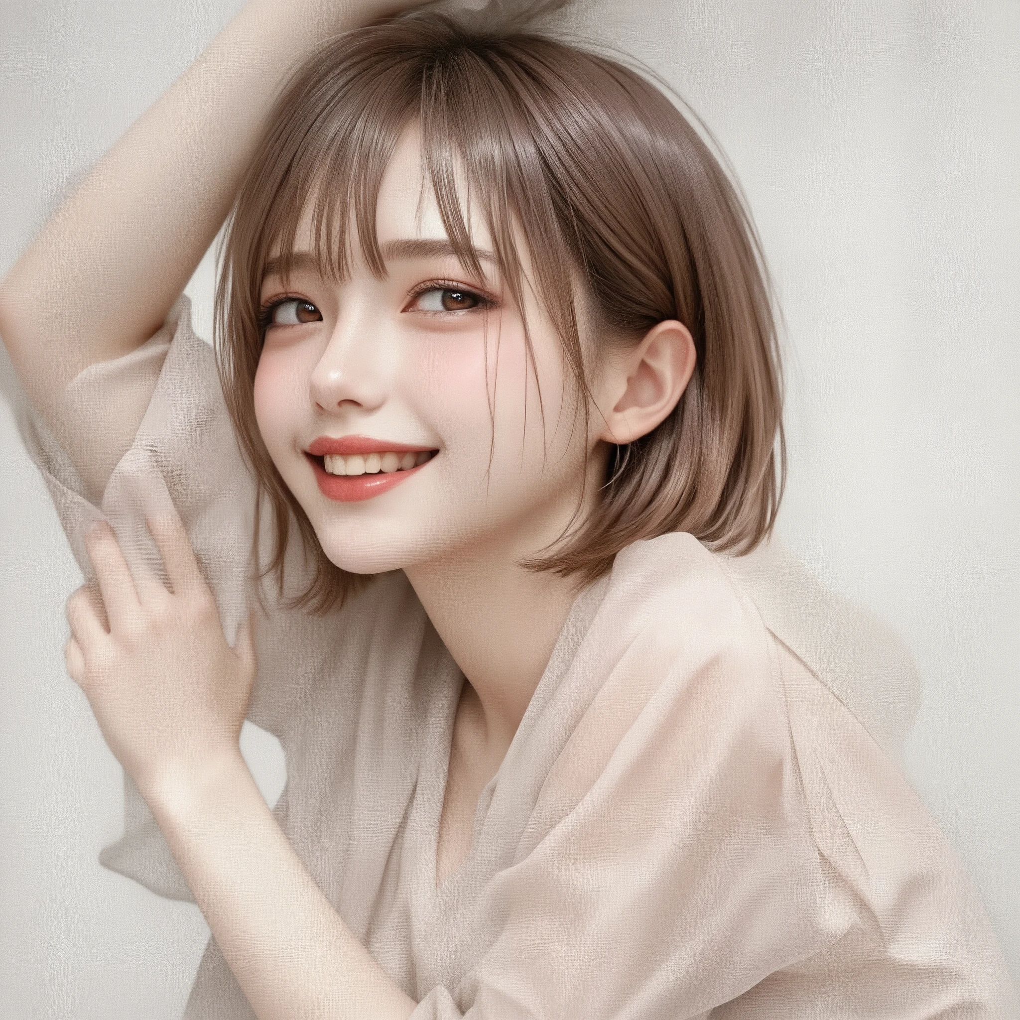 Masterpiece, top quality, ultra detailed, photorealistic depiction, intimate and cinematic composition, a girl elegant fashion, her happy smile facial expression is accurately captured, her soft dark brown eyes and looking away, her elegant short lighr brown hair, her calm and modest pose leaning against a white wall, the composition frames her face in profile and upper body,10 pixels of blank space on the screen