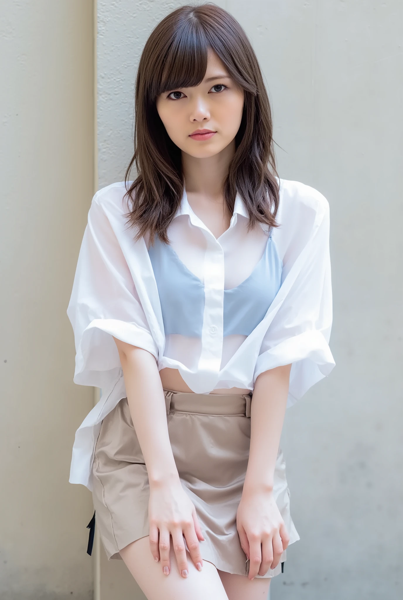 The image shows a young woman named Kuboshi, standing in front of a wall. She is ((wearing a white sheer blouse, a sexy short miniskirt and black high heeled sandals with straps))). ((Her legs appear to be very pretty and well cared for)). She has long, straight, dark hair with blunt bangs and is looking directly into the camera with a serious expression. The overall vibe is one of edgy and provocative.
