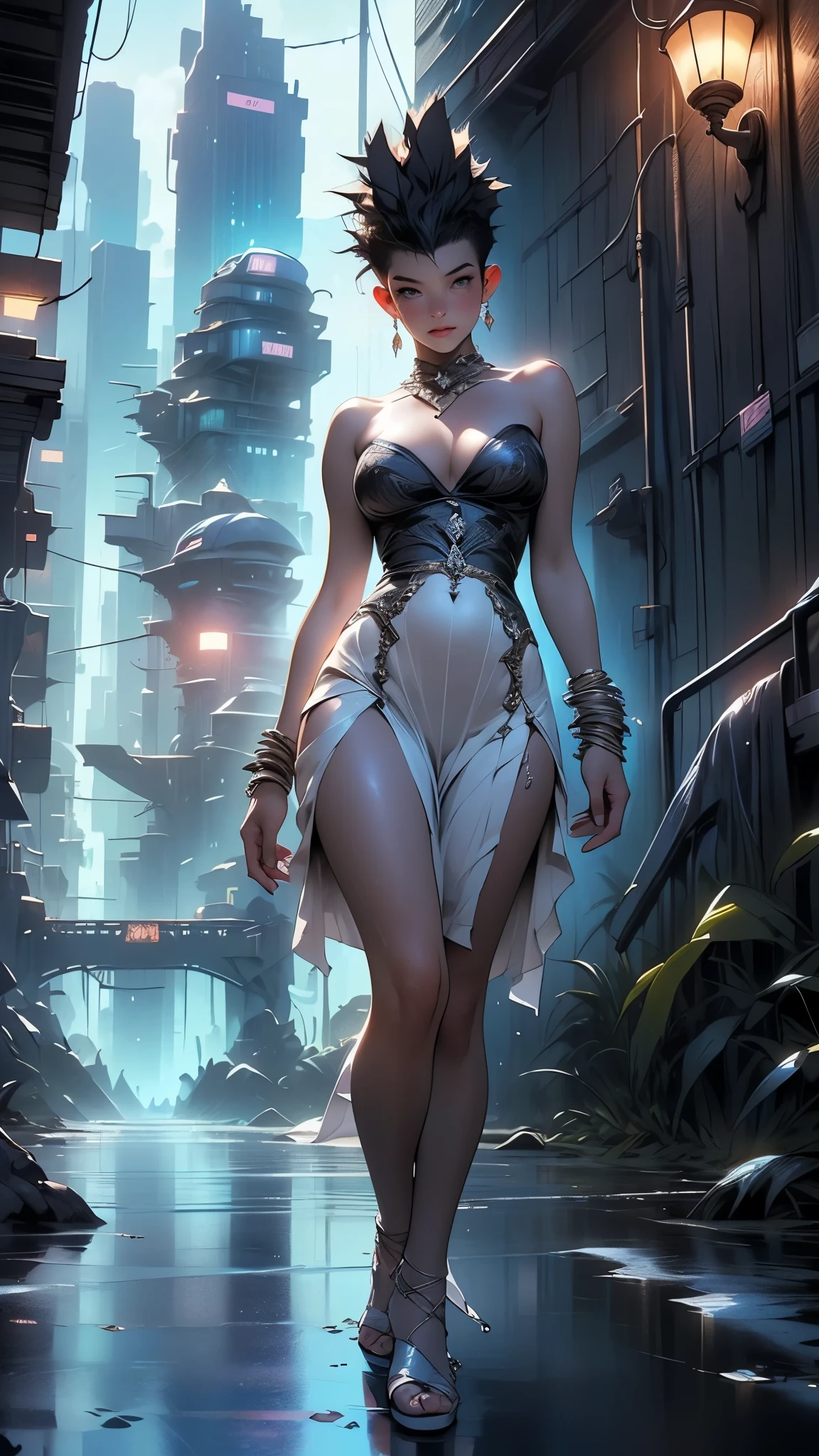a woman in a silver dress standing in front of a castle, smiley face smile on face, huge breasts, hot body curves, lalisa manobal, skinny girl in white boho dress, white sarong, photo of slim girl model, photo of slim girl, lalisa manoban of blackpink, trending on pixv, trending on tiktok, popular on instagram, anime thai girl, wearing crop top and miniskirt