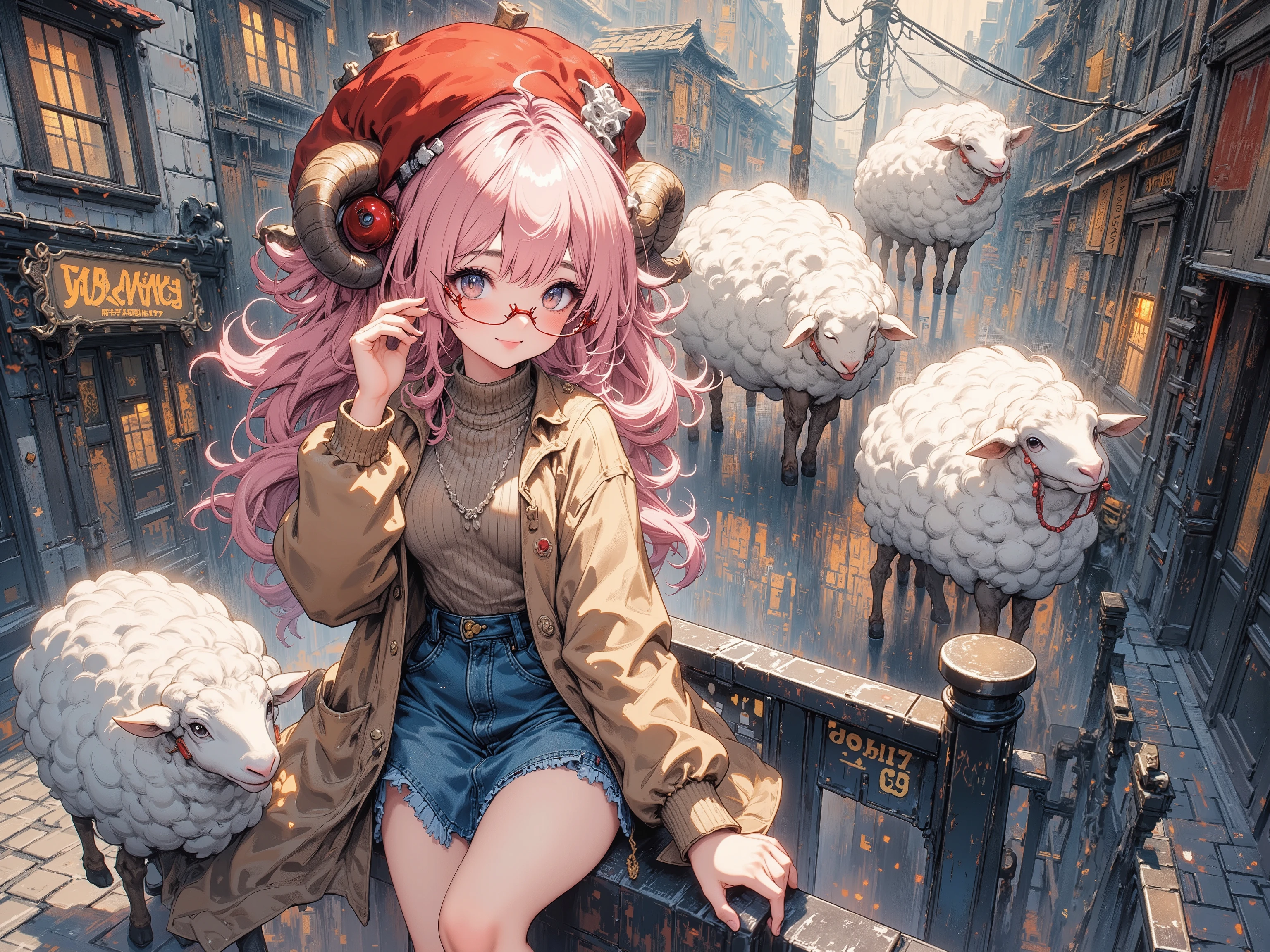 (masterpiece, top quality, highly detailed, absurd, very aesthetic), dutch angle, looking side, profile, from below, gothic lettering "THANKS 30K VIEW♥" written on a guardrail, (highly detailed background, lighting, overlay), (holding the temples of her glasses with her fingers, smiling softly, sitting on a guardrail), (1girl, sheep girl, super detailed skin, detailed beautiful face and eyes, big soft anime eyes, absurdly beautiful pupil expression, thick eyebrows:1.1, fluffy long hair like sheep's wool, pink hair, each strand of hair is detailed, round sheep's horns, smiling face), (red glasses, red fashionable beret, khaki cashmere coat, vertical striped wool sweater, jeans skirt, platform short boots), gothic lettering "THANKS 30K VIEW♥" written on a guardrail, natural elements, fantastical features, light and shadow effects, color and atmosphere