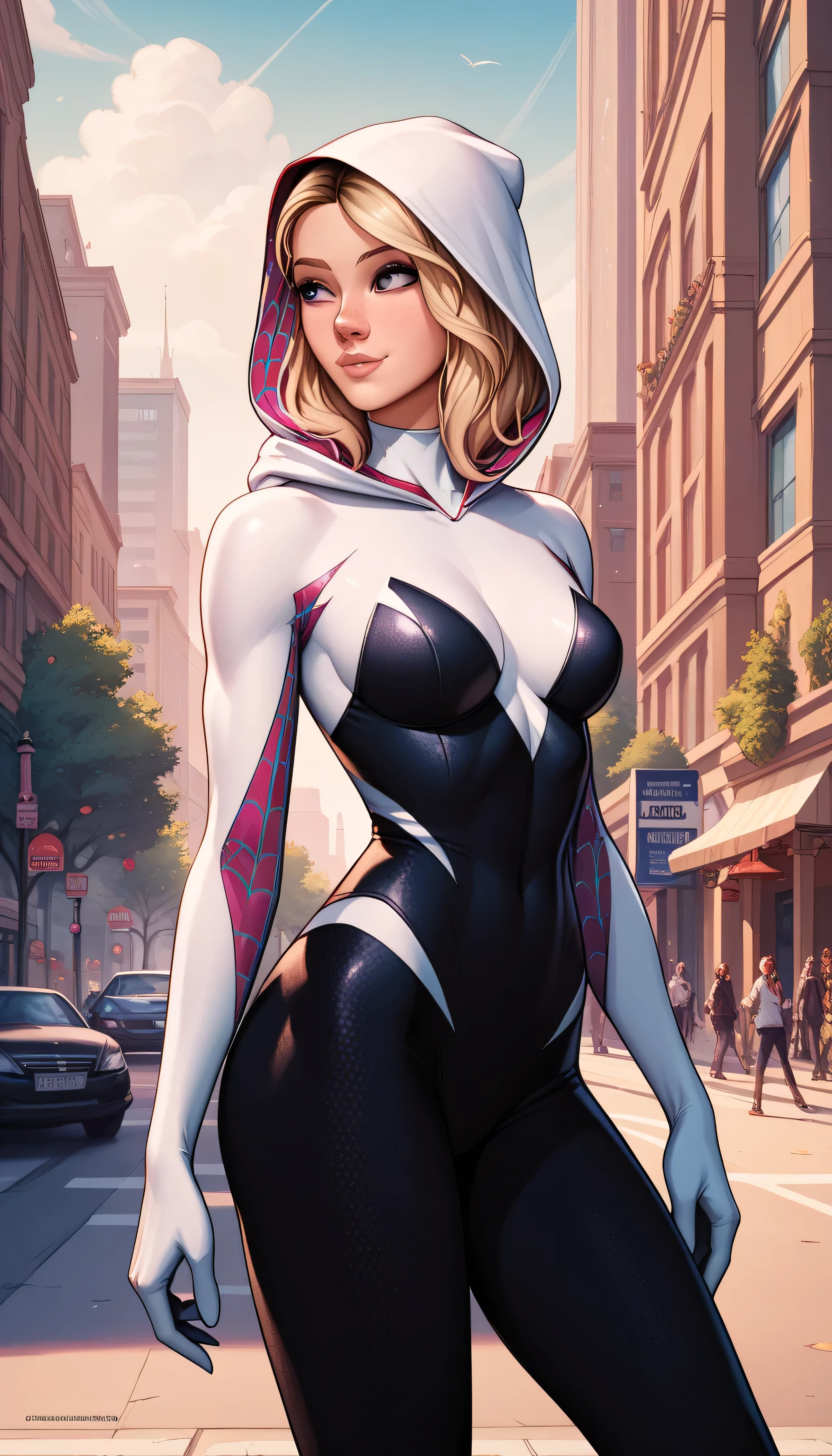 ((best quality)), (highly detailed:1.2), masterpiece, ((official art)),1girl, solo,beautiful face, symbiote,spider gwen,SVGM,hood, completely black clothing, looking to the side, body to the side, the body is to the side, she's standing, pernas abertas, bernas grossas, bunda grande, peitos grandes,