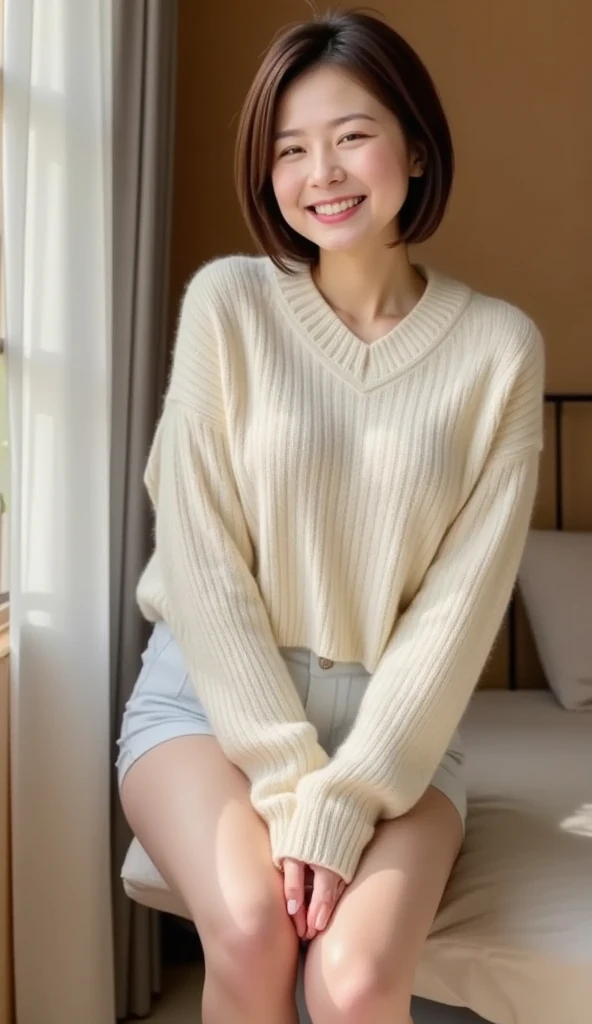 best image quality、realistically、Shining beautiful skin、1 female、Early 20s、Chair、idol sculpture、sweater、mini skirt、underwear、smile at the camera、
