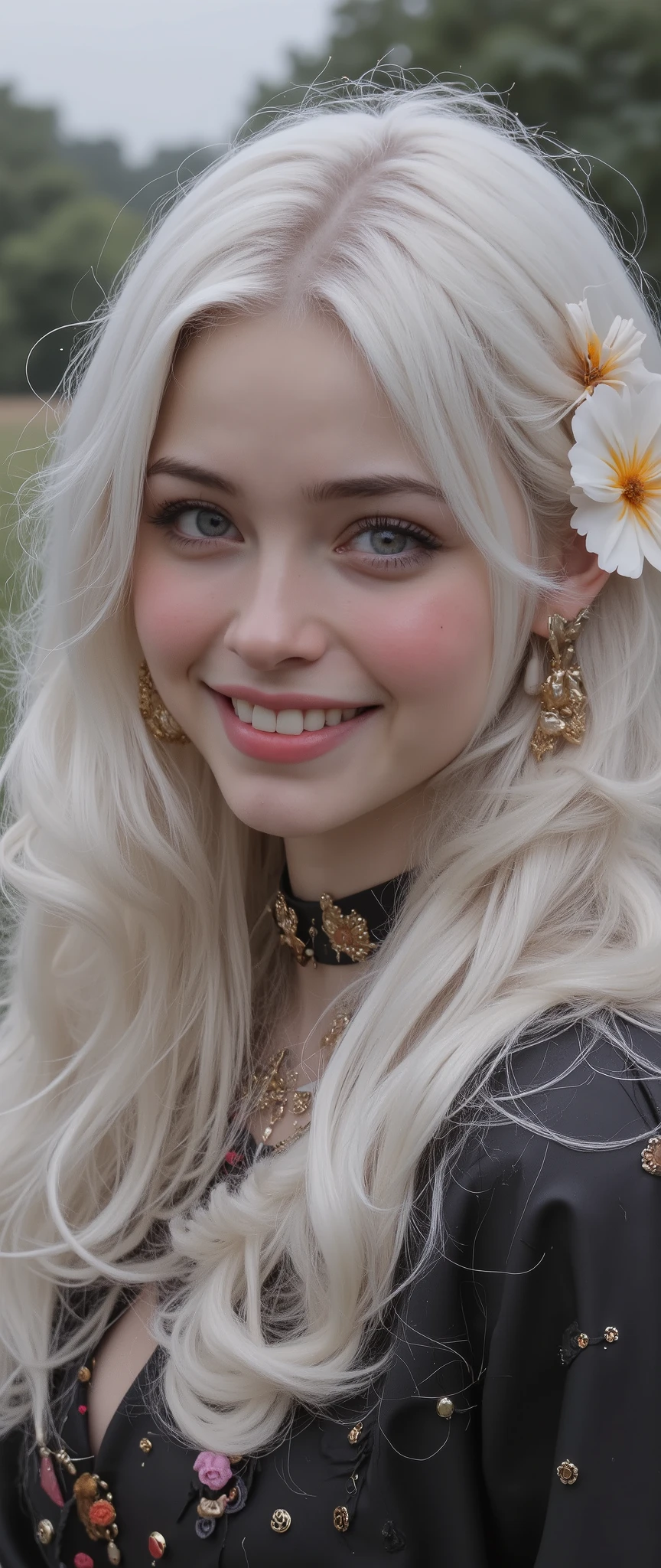 Full body photography, beautiful Caucasian young woman with white hair and a flower in her hair smiles at the camera. Best quality, superior 12k unbeatable resolution apoclypse