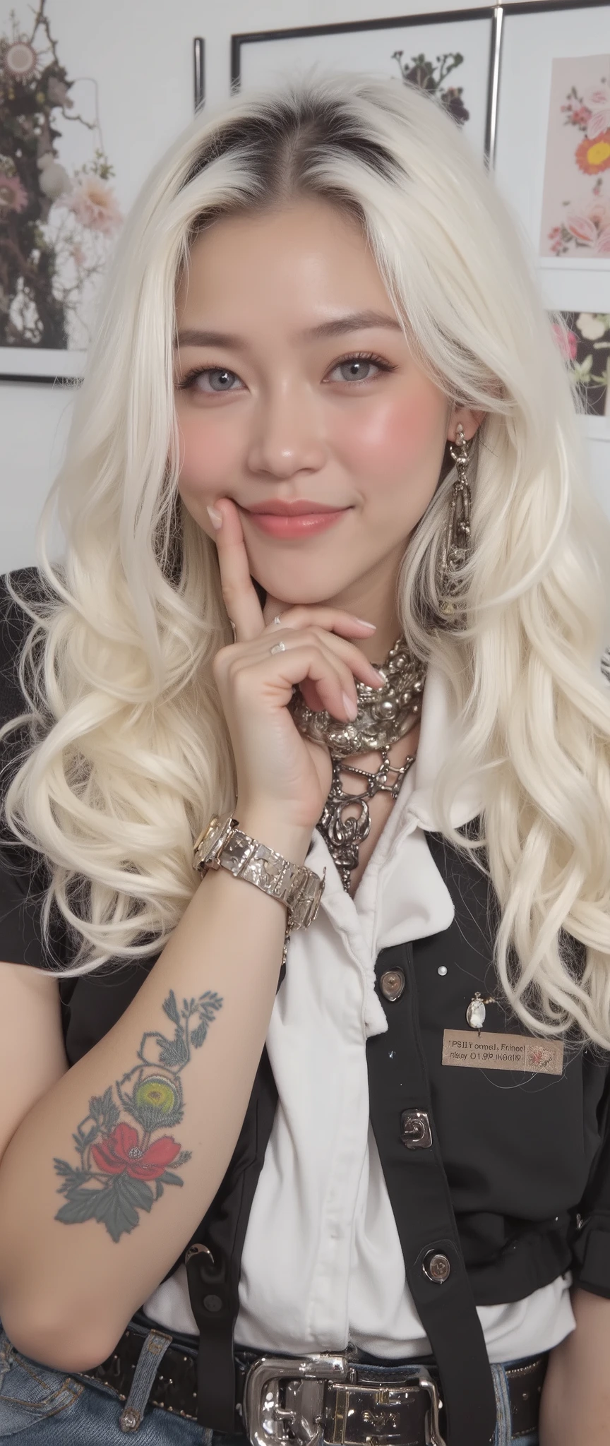 Full body photography, beautiful Caucasian young woman with white hair and a flower in her hair smiles at the camera. Best quality, superior 12k unbeatable resolution apoclypse