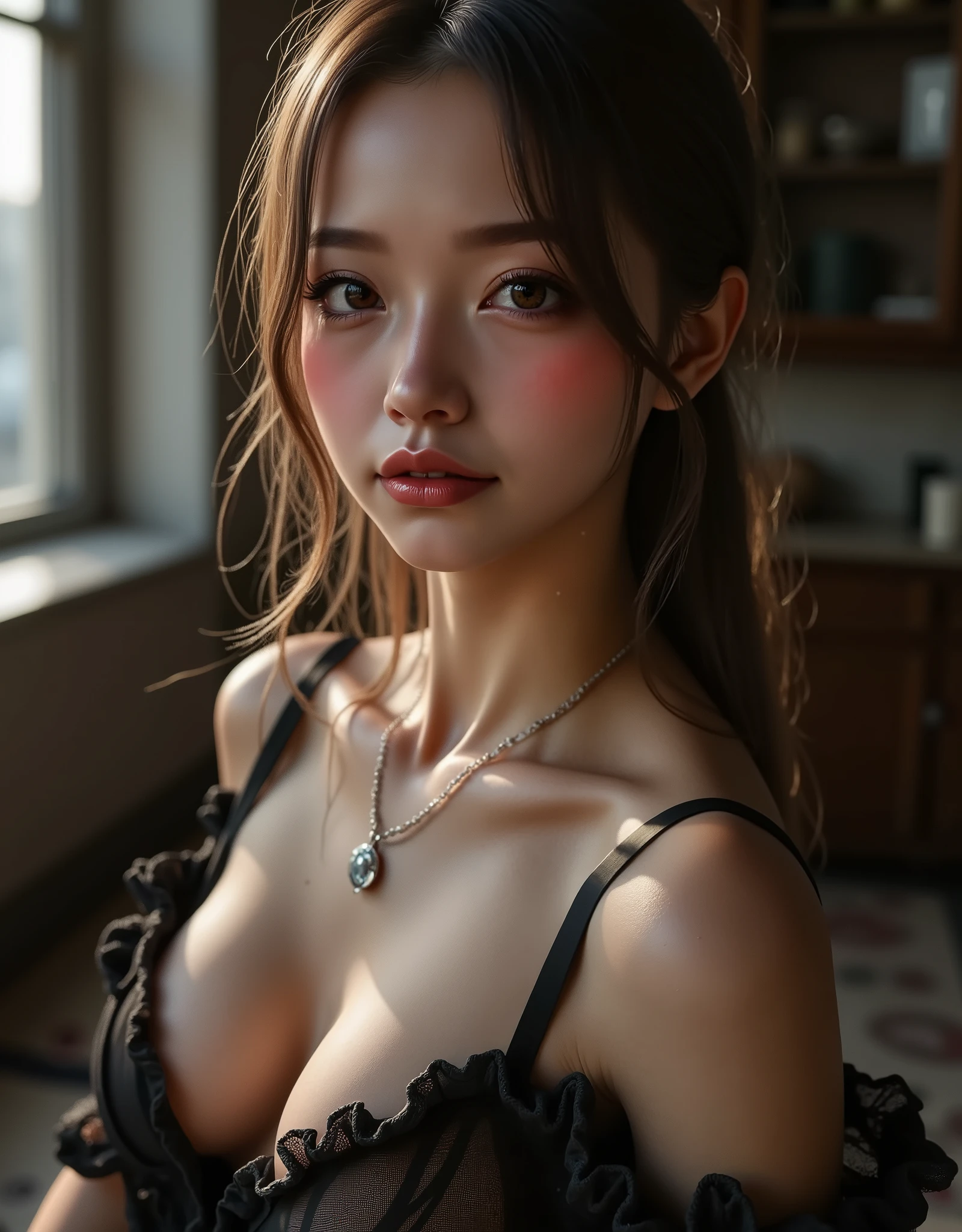 (Photorealistic realism 16K quality), ((ultra insanel quality, professional digital art)), ((focus on extremely Realistic Proportion Body, Anatomically Correct:1.2)), Beautiful Girl, ultra details, UHD, (photorealistic Realism 16K Quality), ultra-detailed, UHD, (ultra absurd quality, extremely detailed detail, hyper resolution, clear sharp focus, not blurry, Realistic brown_eyes:1.35), (perfect dark_eyeshadows),((close-up of here face)),Depth of field, cinematic light, Lens flare, dslr, best high quality soft lighting, sharp focus captured by Fujifilm XT3, f 5.6, in a dramatic lighting, ((view the viewer:1.3)), (extremely beautiful face, beautiful lips, beautiful eyes), intricate detail face, ((ultra detailed skin)), 1girl, in the dark, deep shadow, Very stretchy, (loose pants: 1.3), without bikini, white, (translucent), airy pants, (Top with a deep neckline),(firm and full breasts:1.25), connected with ((o-ring: 1.3)), (Glamour, paparazzi taking pictures of her), ((High Contrast)), long legs, medium ass, ((layer cut: 1.25)), ((no_Panties)), ((Whitens skin, slim face)), slim belly: 1.2, (well-muscled body:1.32), The attention to detail, Double eyelids, (Erotic:1.3), satisfaction smile, gorgeous appearance, electrifying appearance, (Dynamic pose: 1.2), (((sharp focus))), ((very intricate details design of epic outfit:1.3)),