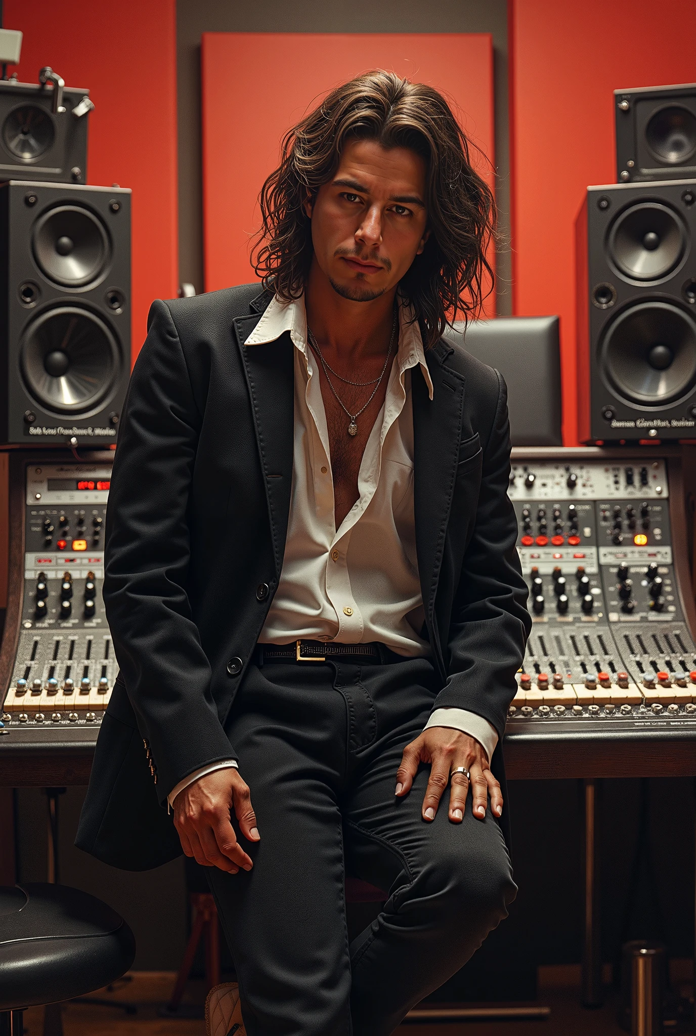 40 year old Handsome thin White man  goth long black hair male playing the piano 