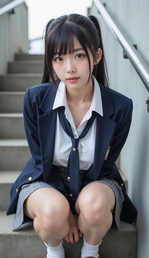 (Squatting and spreading your legs wide:1.9、A girl showing off her white panties)、Front low angle:1.5、(White blazer uniform、White and purple pleated skirt)、((highest quality)), (Super detailed), (8k ),Raw color photography, Professional photography, Great face and eyes, Skinny、Model Style、Outdoor、Natural light:1.4、((Focus on panties))、(Light shines on panties)、Blonde Hair、Mesh Color、Small breasts:1.3、Earrings、Hands on cheeks、Thin thighs、smile、