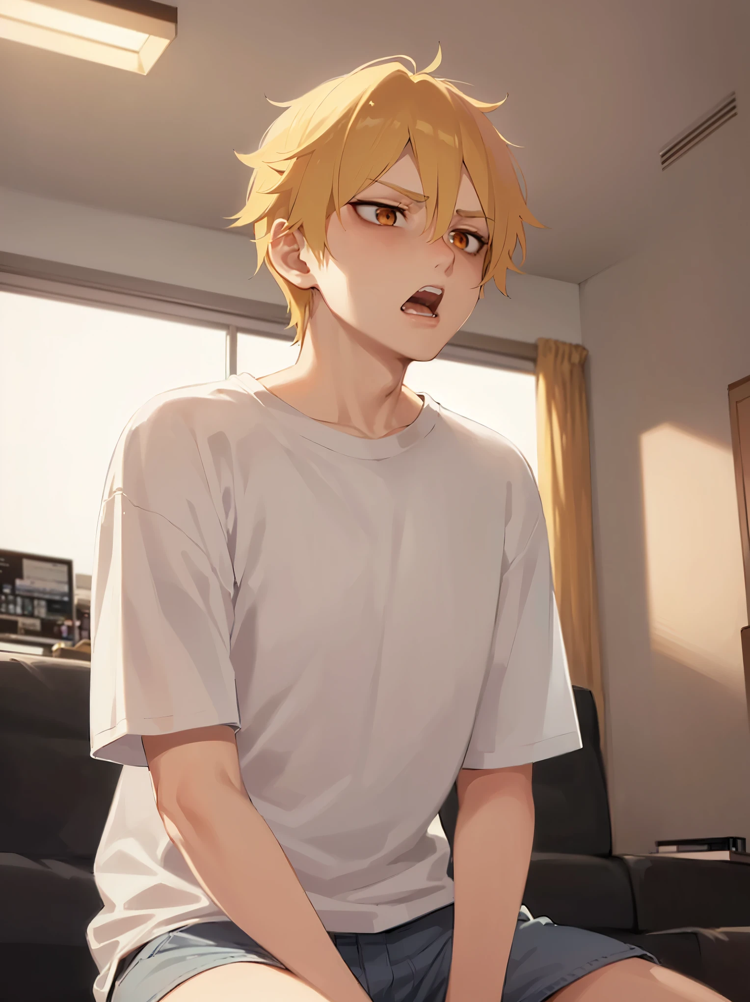 side angle,(looking away:1.5),masterpiece, best quality, Japanese manga style,
(30 year old male: 1.5) and (short blonde hair) and (orange eyes),
(white) and (T-shirt) and (over size),(angry),(open mouth),inside the living room,computer,(alone),cowboy shot