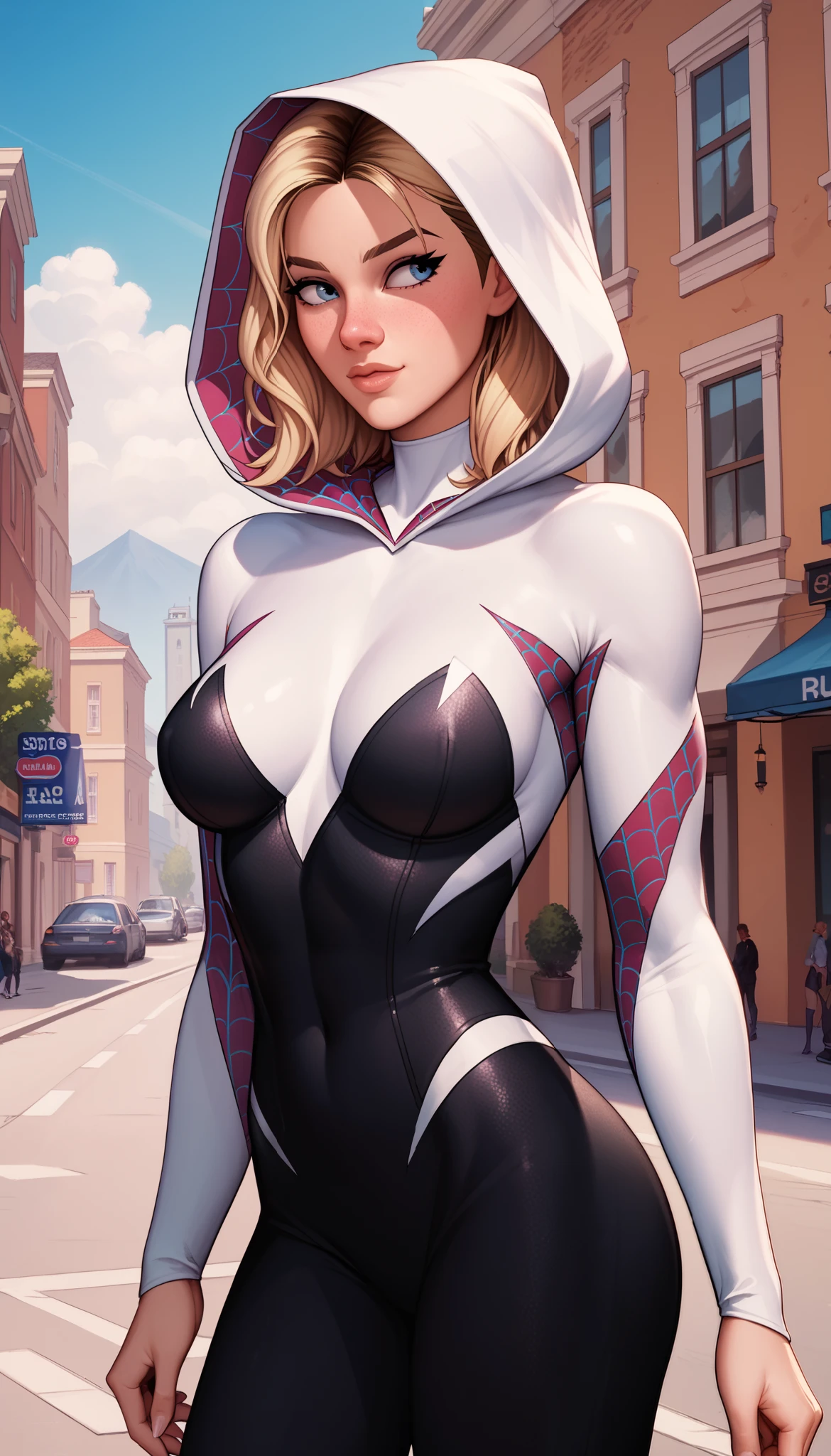 ((best quality)), (highly detailed:1.2), masterpiece, ((official art)),1girl, solo,beautiful face, symbiote,spider gwen,SVGM,hood, completely black clothing, looking to the side, body to the side, the body is to the side, she's standing, pernas abertas, bernas grossas, bunda grande, peitos grandes, fixed face, high quality face