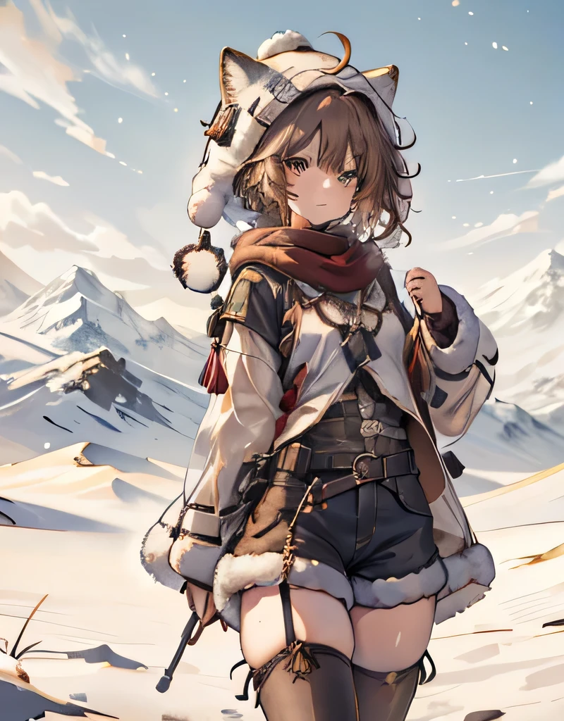 masterpiece, 1 boy, sparrow, a brown haired boy, wearing a eskimo clothes, curly short hair, messy hair, slim body, he close her left eye, shirt ornament, ruby eyes, ahoge, , long sleeves, beautiful eyes, white stocking, droopy eyes, her age is 19 years old, lynx landau, seductive face, short hair, innocent smile, curly hair, tight shorts, furry winter hat, snow field, MongolPunkAI, furry stocking,