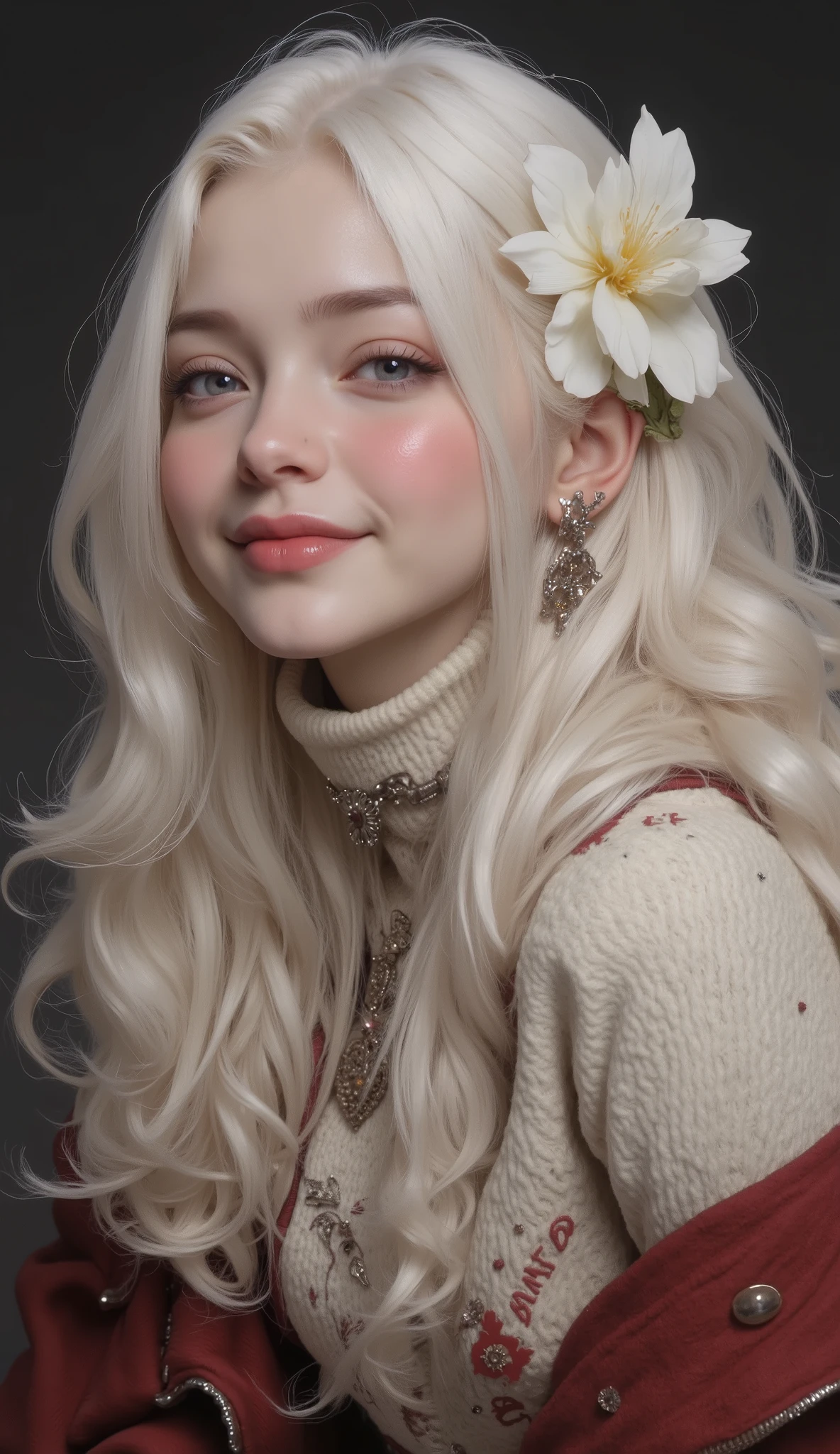 Full body photography, beautiful Caucasian young woman with white hair and a flower in her hair smiles at the camera. Best quality, superior 12k unbeatable resolution apoclypse
