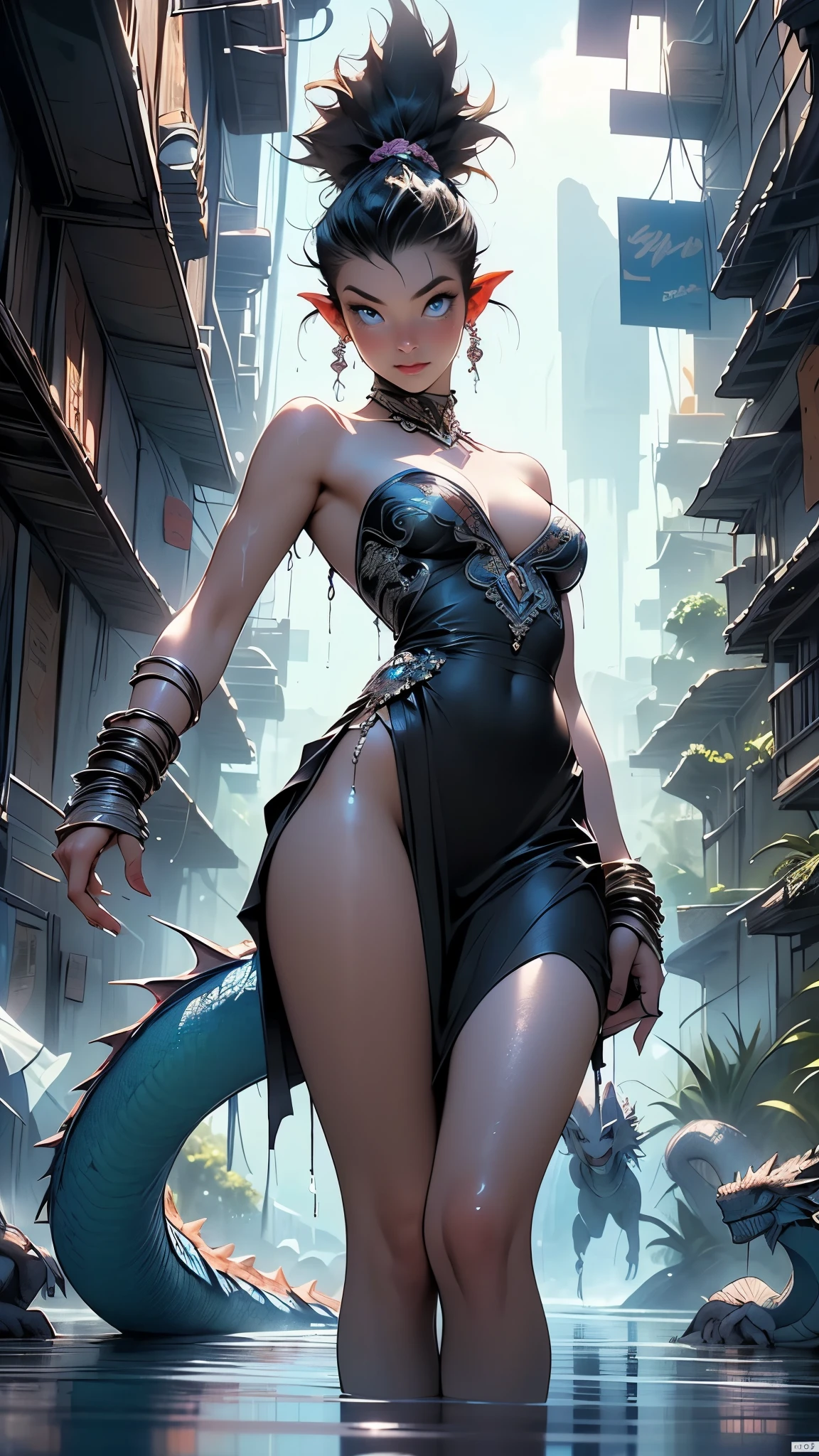 Jinx, Arcano, Jinx de League of Legends, long blue hair in braids, Double hair braids, braided hair, Minipistola, light juxtaposition& Sombra, Moody, intenso, feroz, Cinematic lighting, luz de raking, longas sombras luminosas, alta qualidade, smiling as he holds a shark-shaped rocket launcher, rosto estilo anime, Corpo Perfeito, Steampunk clockpunk