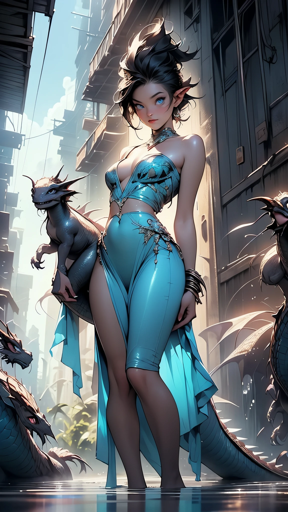 woman in evening dress,((((woman accompanied by a tiny pet dragon:1.5)))),(((1woman))),((beautiful woman)),woman,1female,((milf,mom,mature,mature woman,45 years old female,adult)),
(large breasts:1.4),saggy breasts,(((black hair:1.4,hi-top fade Haircut:1.5,hi-top fade:1.5,Mohawk:1.5))),(((blue_eyes:1.3))),intricate eyes,beautiful detailed eyes,symmetrical eyes,((fat)),(((lustrous skin:1.5,bright skin: 1.5,skin tanned,shiny skin,very shiny skin,shiny body,plastic glitter skin,exaggerated shiny skin,illuminated skin,wet legs))),(spider lower abdomen,narrow waist,wide hip,imbo body,inflated legs,detailed body,(detailed face)),
cute,slutty,seductive,erotic,(((nsfw))),evil woman, villain, ambitious look,
((strapless draped long dress)),metallic blue dress,(((deep neckline,cleavage))),((wet clothes,intricate outfit,intricate clothes,ornate outfit,ornate clothes,embroidered outfit,embroidered clothes)),
(dynamic pose:1.0),solo focus,((smug)),(centered,scale to fit dimensions,Rule of thirds),
cyberpunk city by the ocean at night, with bright neon signs and dark stormy clouds and puddles, scenery:1.25,
highres, sharp focus, (ultra detailed, extremely detailed), (photorealistic artwork:1.37),(extremely detailed CG unity 8k wallpaper),((synthwave background theme)),(((vibrant colors))),(intricate background),(masterpiece),(best quality),