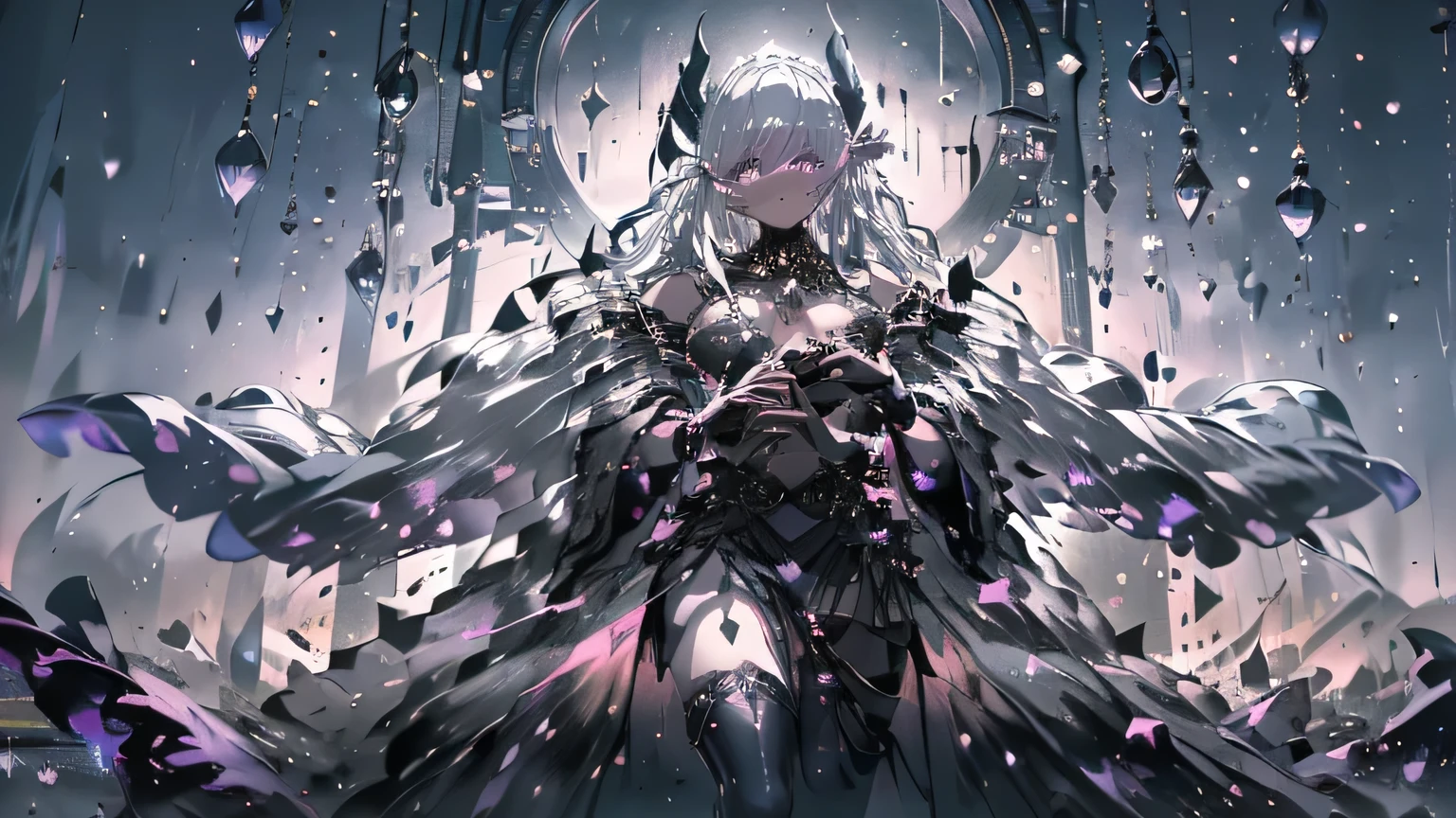 A dark witch with plump lips, illuminated purple eyes, white hair, long hair, elf ears, long white cape, and black robes, black gloves, high collar with black button, cleavage, belly showing, big ass, ((( dark wizard setting with book mounts, low light and leaks))), {extremely detailed 16k CG unit wallpaper}, expansive landscape photography, (a view from below with focus on character and setting), ( wide open field view), (low angle shot), (high light: 1.2), (low light: 1.6), (warm light source: 1.2), complex details, (iridescent colors: 1.5), (bright lighting ), (atmospheric lighting), dreamy, unique, 4k , 8k ultra sharp,