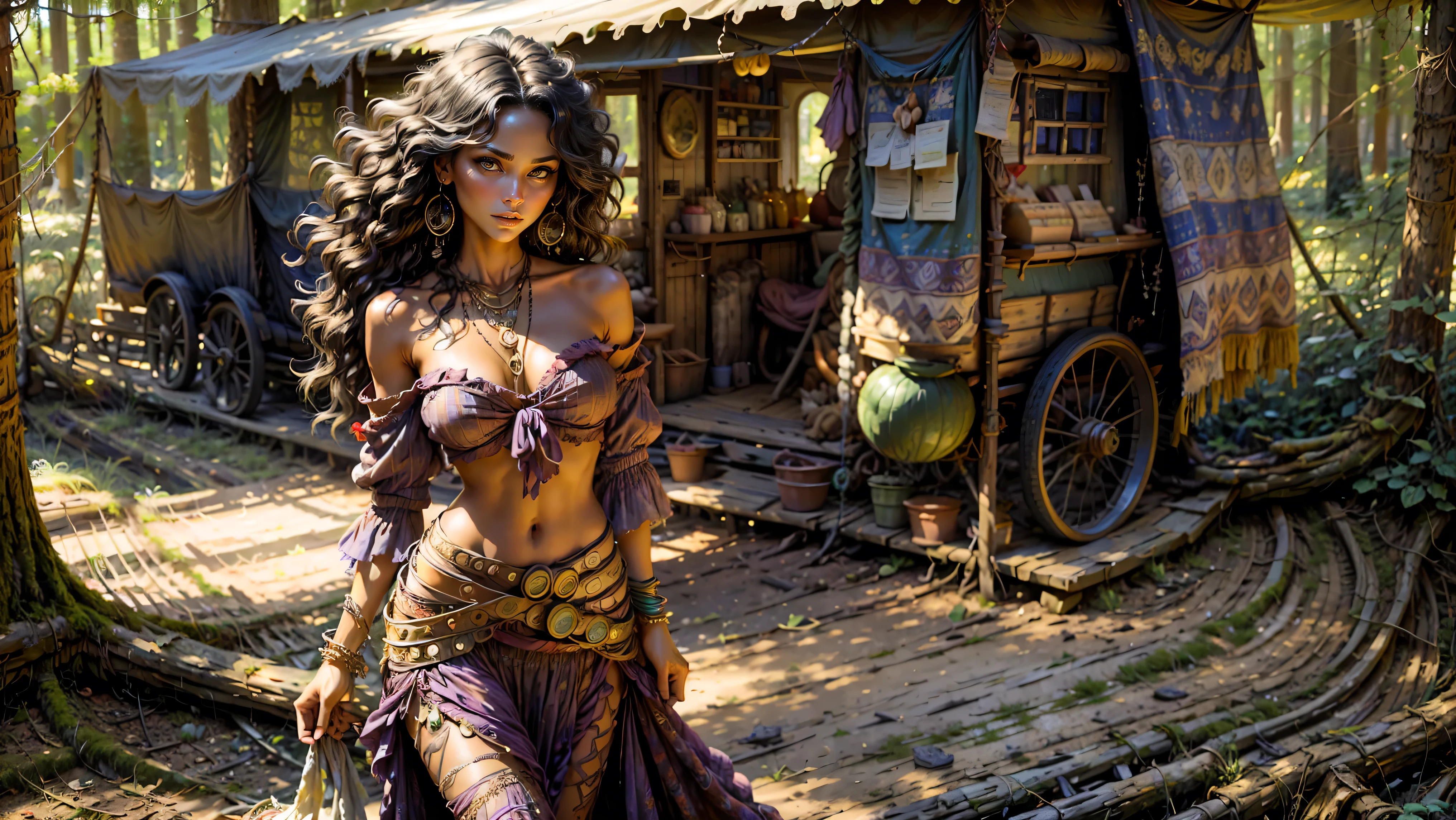 ((1girl, solo)), ((realistic)), Gypsy girl walking in the Louisiana swamp, , young girl, cute girl, fit, ((skinny)), ((small hips)), ((hair hanging straight down)), ((dark hair)), ((loose top)), midriff, ((top loosely draped over her breasts)), ((can see her breasts through her top)), looking at viewer, sexy, skirt low on hips, cowboy shot, (full body portrait), beautiful lips, sexy mouth, ribbons, beads, bangles, upper body, dark-eyed, bangs, Gypsy wagon and caravan in the background, ribbon, bayou, sunlight just leaking through, walking on wooded trail,
