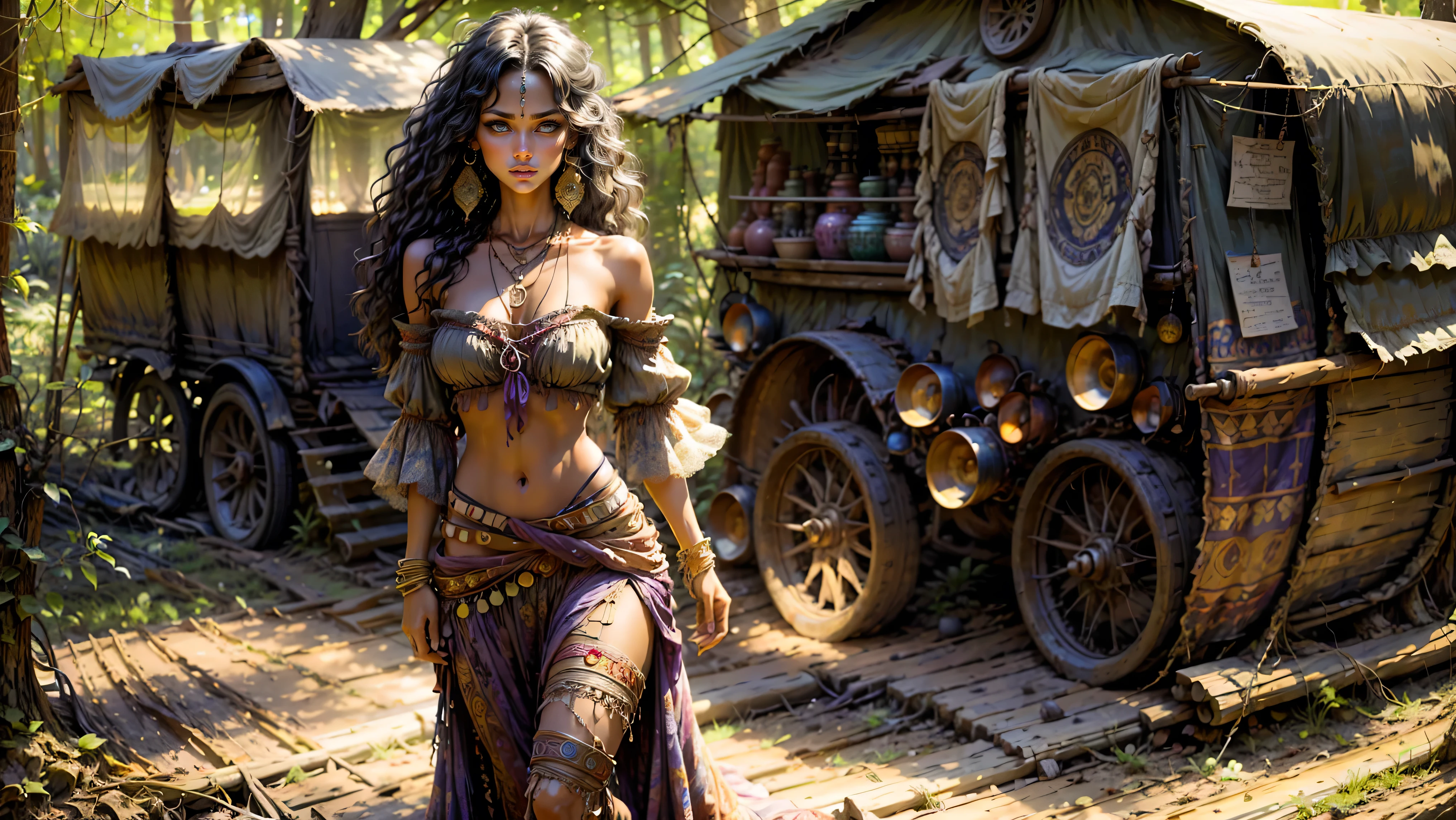 ((1girl, solo)), ((realistic)), Gypsy girl walking in the Louisiana swamp, , young girl, cute girl, fit, ((skinny)), ((small hips)), ((hair hanging straight down)), ((dark hair)), ((loose top)), midriff, ((top loosely draped over her breasts)), ((can see her breasts through her top)), looking at viewer, sexy, skirt low on hips, cowboy shot, (full body portrait), beautiful lips, sexy mouth, ribbons, beads, bangles, upper body, dark-eyed, bangs, Gypsy wagon and caravan in the background, ribbon, bayou, sunlight just leaking through, walking on wooded trail,