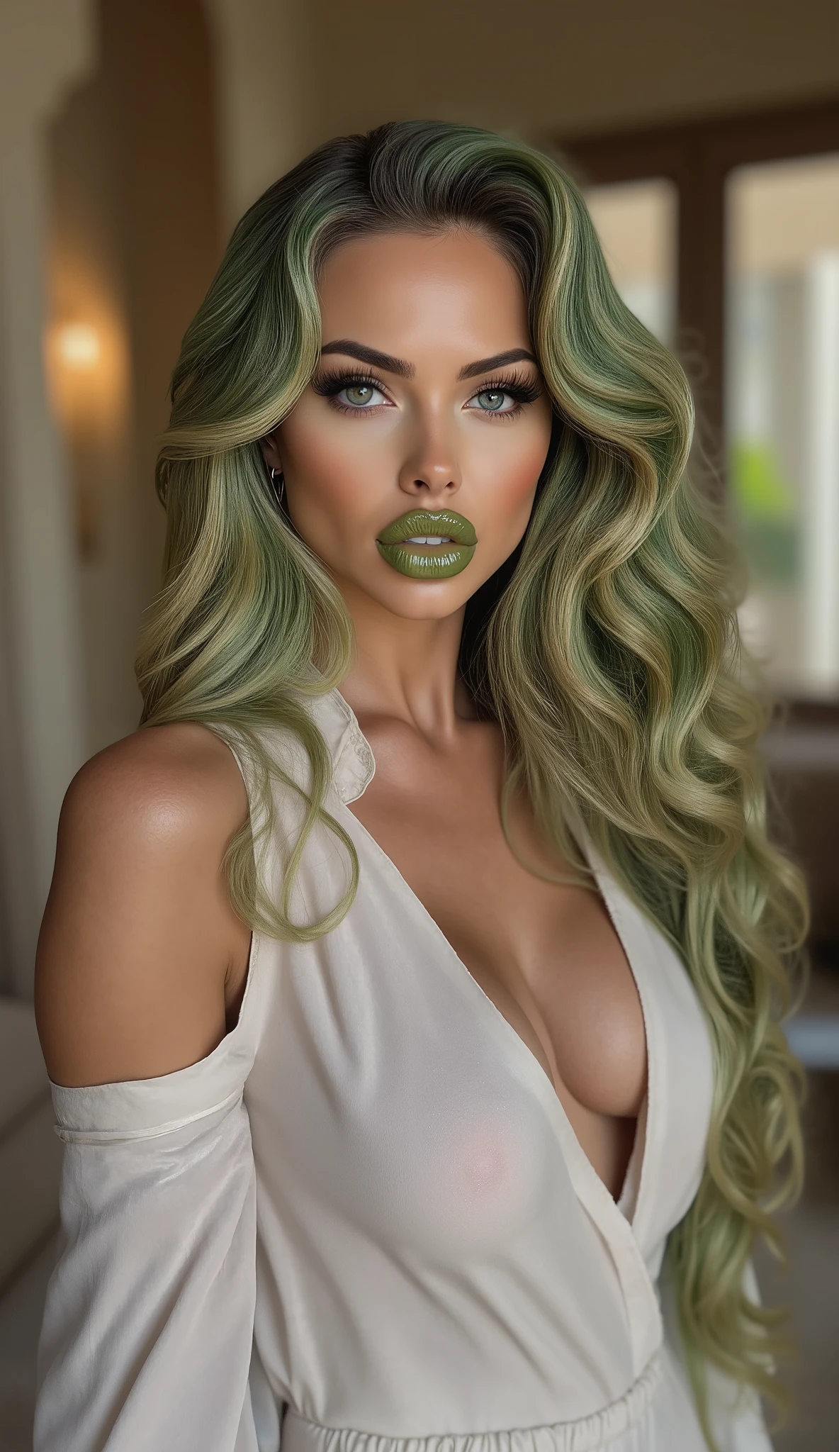 (Ultra-realistic), (high resolution), ((((upperbody view)))), one beautiful European woman, beautiful face, instgram model, alluring beauty, green lipstick, full make-up, green and blonde wavy hair, ((wearing a white jumpsuit)), standing, angry, frowning, in a luxurious villa, luxurious hall background.