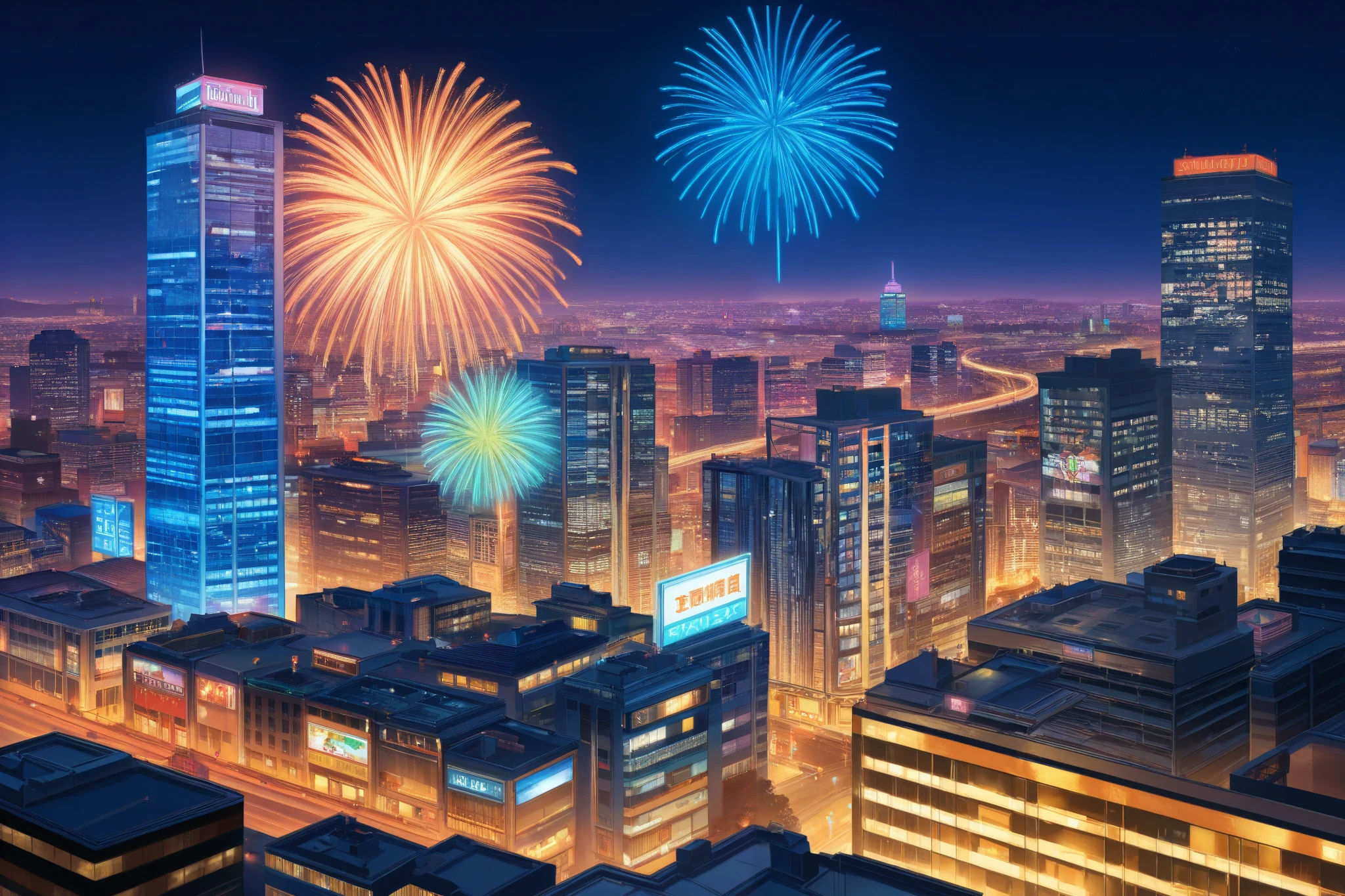 。 brightly illuminated cityscape with fireworks launched into the sky, A brightly colored painting of a city with a rainbow in the sky Hiroshi Nagai , CG Society contest winner , Art Deco, colorful city, just a joke , Neon City, Neon City in the background, Vibrant city lights, dense hypermaximalist metropolis , Neon Megacity in the background , Tokyo wall painting , urban background, TOKYO'S SHINING NEON , Kilian Eng Road Pictures with Vivid Colors