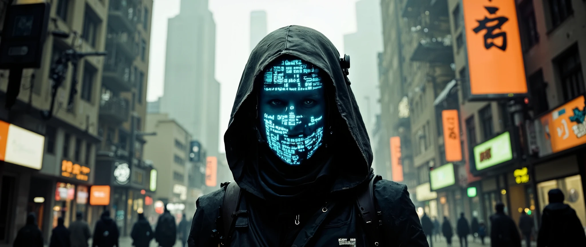 apoclypse cyber information scout, dressed in sleek, dark mechanical armor with intricate, weathered details, stands in a dynamic pose. The armor is adorned with glowing neon accents in electric blue and vibrant tangarine highlighting its advanced technology. The scout's face is concealed by a high-tech visor that displays a glowing ASCII art, shifting subtly in real-time, giving a playful yet mysterious vibe. The visor is surrounded by a network of holographic interfaces, projecting streams of data, sound analysis and cryptic symbols.
The scout's armor is equipped with an array of advanced visual devices, including telescopic lenses, infrared scanners, and augmented reality overlays, all integrated seamlessly into the design. Wires and cables extend from the armor, connecting to a portable data hub strapped to their back, emitting a faint hum of energy. The background is a bleak, dystopian cityscape, dominated by a palette of faded tangarine and deep black, with towering skyscrapers and flickering neon signs in the distance.
The scout's silhouette is accentuated by the contrast of the glowing armor against the dark, smoky atmosphere. The scene is illuminated by sporadic bursts of light from distant explosions or passing drones, casting dramatic shadows. The overall style is hyper-futuristic, blending cyberpunk aesthetics with a touch of retro-futurism, creating a visually striking and immersive tech-driven atmosphere. The image should evoke a sense of mystery, danger, and cutting-edge innovation