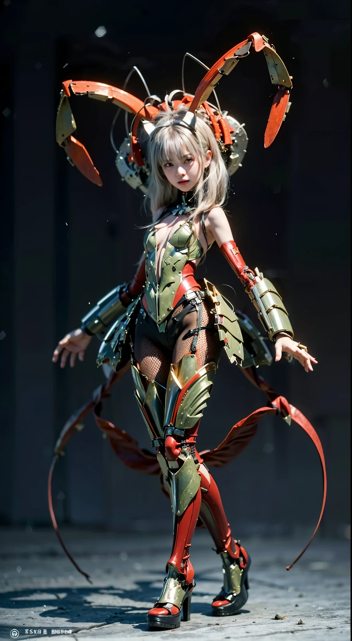 (Completely live action:1.37), (Amazingly realistic textures:1.37), (masterpiece, best quality:1.2), (8k uhd, 16k, 32k, ultra high res), amazingly realistic skin, amazingly realistic photo, superrealism, (photorealistic:1.37), (RAW photo), ultimately realistic, (ultimately realistic all details), (ultimately realistic all textures), super realistic lighting, super realistic shadow, (japanese girl:1.5), ((young face)), smiling, happy, super realistic face, ultimately realistic skin, ultimately realistic eyes, (amazing droopy eye makeup:1.35), ultimately realistic background, ultimately realistic detail up, kkw-ph1, ((amazing droopy eyes, cyberpunk-style cyborg girl, amazingly intricate details, Anatomically perfect hands, mechanical body, silver knight armor, ultra glossy texture, long canine tooth, red eyes))