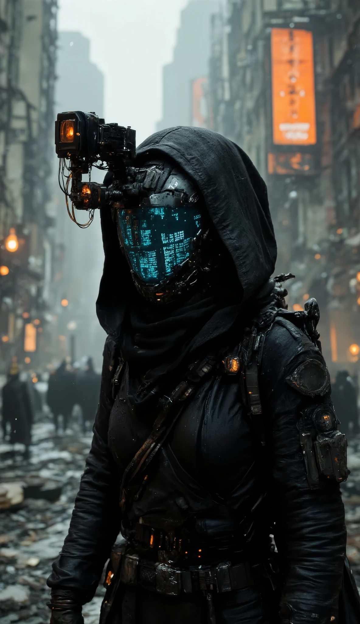 apoclypse cyber information scout, dressed in sleek, dark mechanical armor with intricate, weathered details, stands in a dynamic pose. The armor is adorned with glowing neon accents in electric blue and vibrant tangarine highlighting its advanced technology. The scout's face is concealed by a high-tech visor that displays a glowing ASCII art, shifting subtly in real-time, giving a playful yet mysterious vibe. The visor is surrounded by a network of holographic interfaces, projecting streams of data, sound analysis and cryptic symbols.
The scout's armor is equipped with an array of advanced visual devices, including telescopic lenses, infrared scanners, and augmented reality overlays, all integrated seamlessly into the design. Wires and cables extend from the armor, connecting to a portable data hub strapped to their back, emitting a faint hum of energy. The background is a bleak, dystopian cityscape, dominated by a palette of faded tangarine and deep black, with towering skyscrapers and flickering neon signs in the distance.
The scout's silhouette is accentuated by the contrast of the glowing armor against the dark, smoky atmosphere. The scene is illuminated by sporadic bursts of light from distant explosions or passing drones, casting dramatic shadows. The overall style is hyper-futuristic, blending cyberpunk aesthetics with a touch of retro-futurism, creating a visually striking and immersive tech-driven atmosphere. The image should evoke a sense of mystery, danger, and cutting-edge innovation