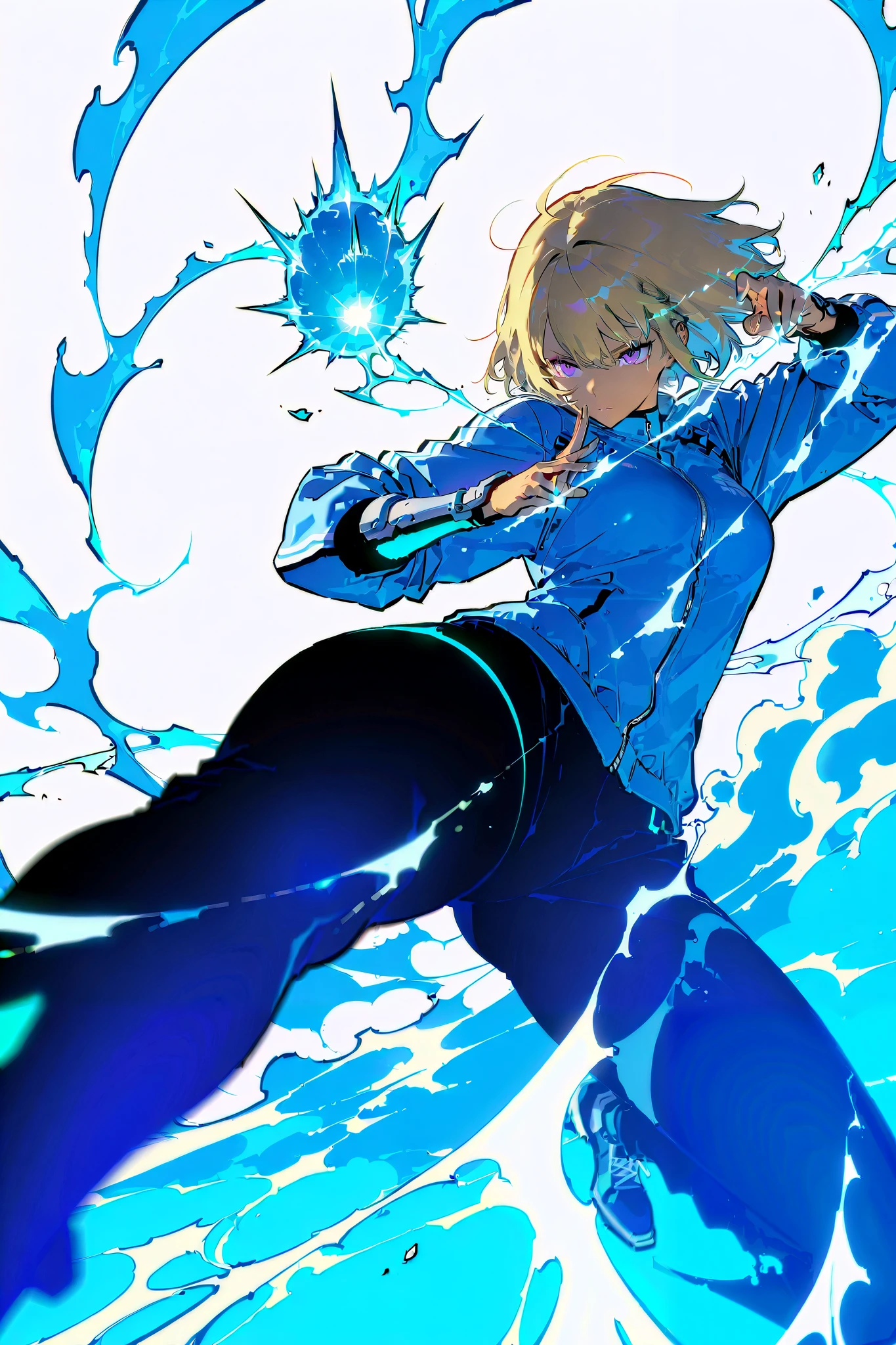 Athletic woman in futuristic fantasy clothes, blonde hair, purple eyes, white tights jacket, black pant, tan, armor of ice, ice spike, glowing ice, ice power, steam, intricate pencil sketch, un-zoom, highly detailed, fighting stance, white background,, upperbody, ice, perspective, good perspective