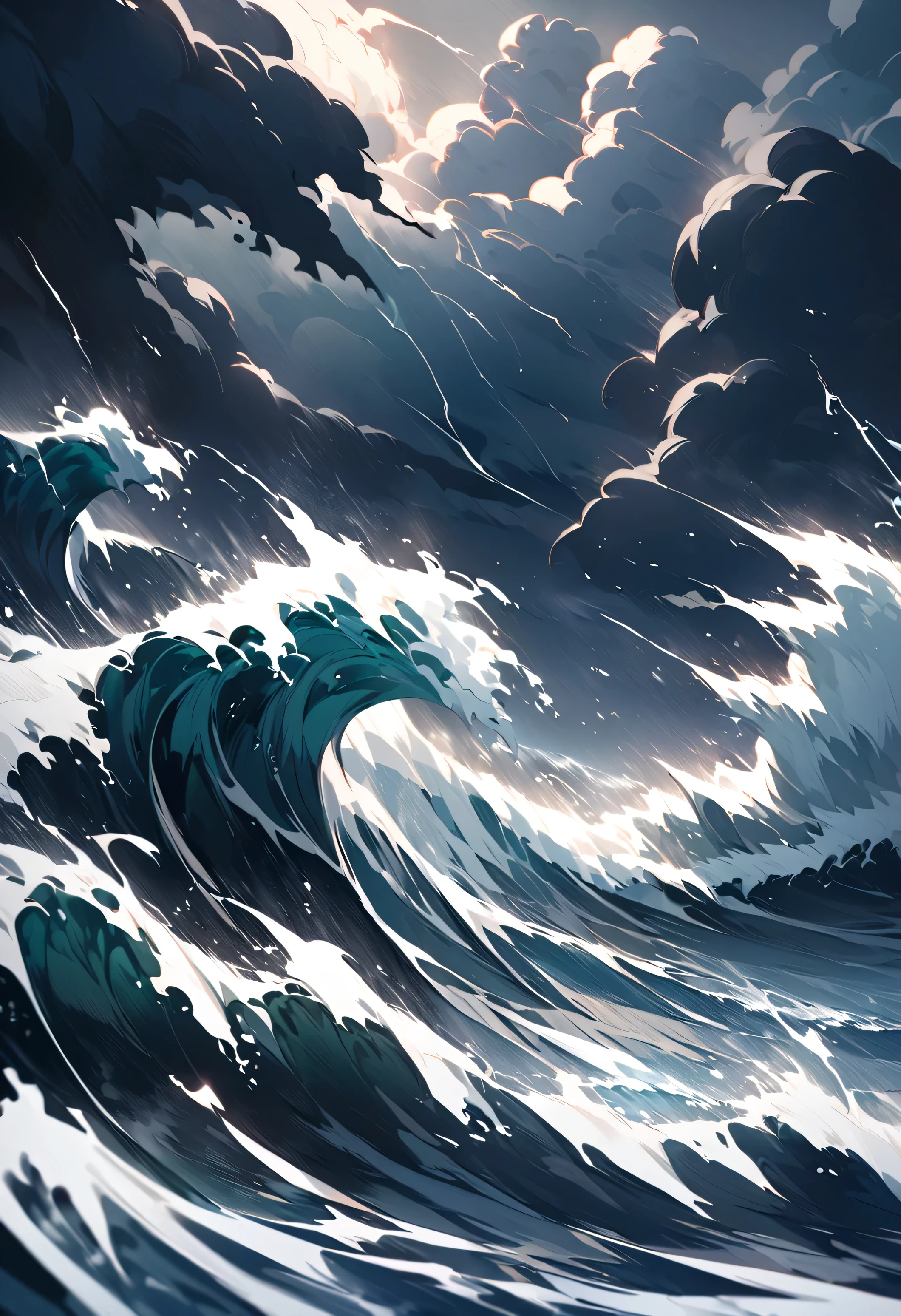 There is a painting of a wave in the ocean with clouds - SeaArt AI