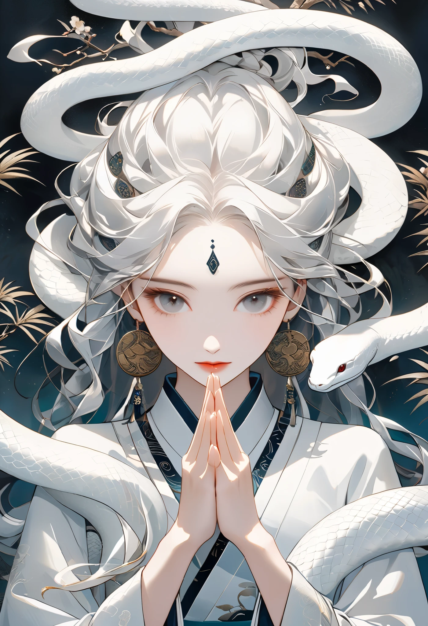 digital art, symbolizing white snakes, White snakes on both sides, art design reminiscent of an ancient Chinese hanging scroll, with a woman transformed into a snake standing in the center, ( closeup of a woman :1.4), palms together