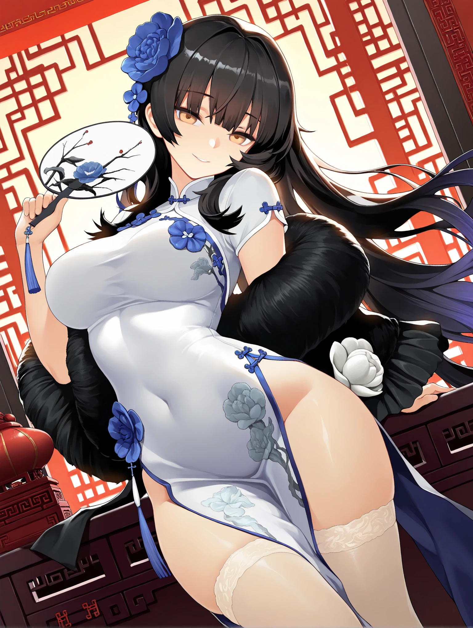 ((blackい髪　geisha　black　fan　one person　Lonely　Bruises　smile　Large Breasts　Kimono that exposes the shoulders))　((night　Japanese style　old　Heart symbol　cute))　(Dance　blue eyes　Shining Eyes)　moon　star　Catch the wind