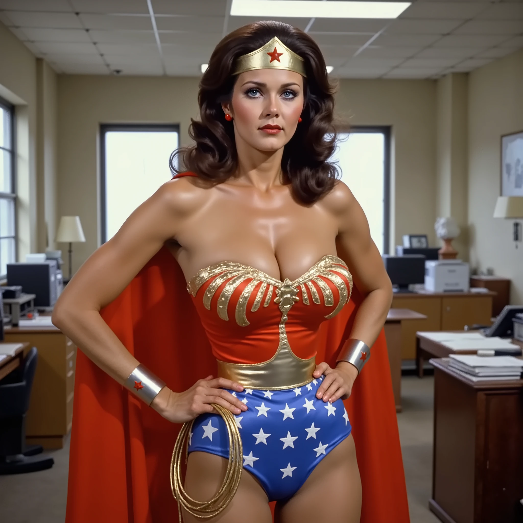 HANDS ON HIPS, 1970 OFFICE SCENE. A SEXY LYNDA CARTER AS THE ICONIC 1960 WONDER WOMAN, WEARING A SPANDEX WONDER WOMAN COSTUME, SPANDEX PATRIOTIC BLUE SKIRT. A RED PATRIOTIC WONDER WOMAN CAPE, RED WONDER WOMAN BOOTS. HER GOLDEN LASSO ATTACHED TO THE SIDE OF HER HIP. CRYSTAL CLEAR ART, CELAN CRISP ART, 4K, 8K, MILLIONS OF TEXTURES AND DETAILS. (CLOSE UP SHOT)