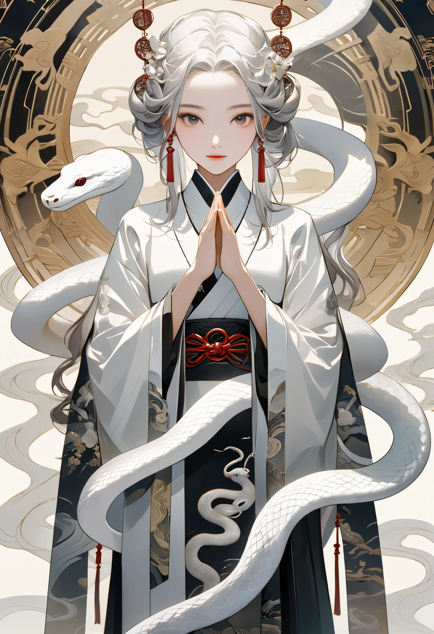 digital art, symbolizing white snakes, White snakes on both sides, art design reminiscent of an ancient Chinese hanging scroll, with a woman transformed into a snake standing in the center, ( closeup of a woman :1.2), palms together