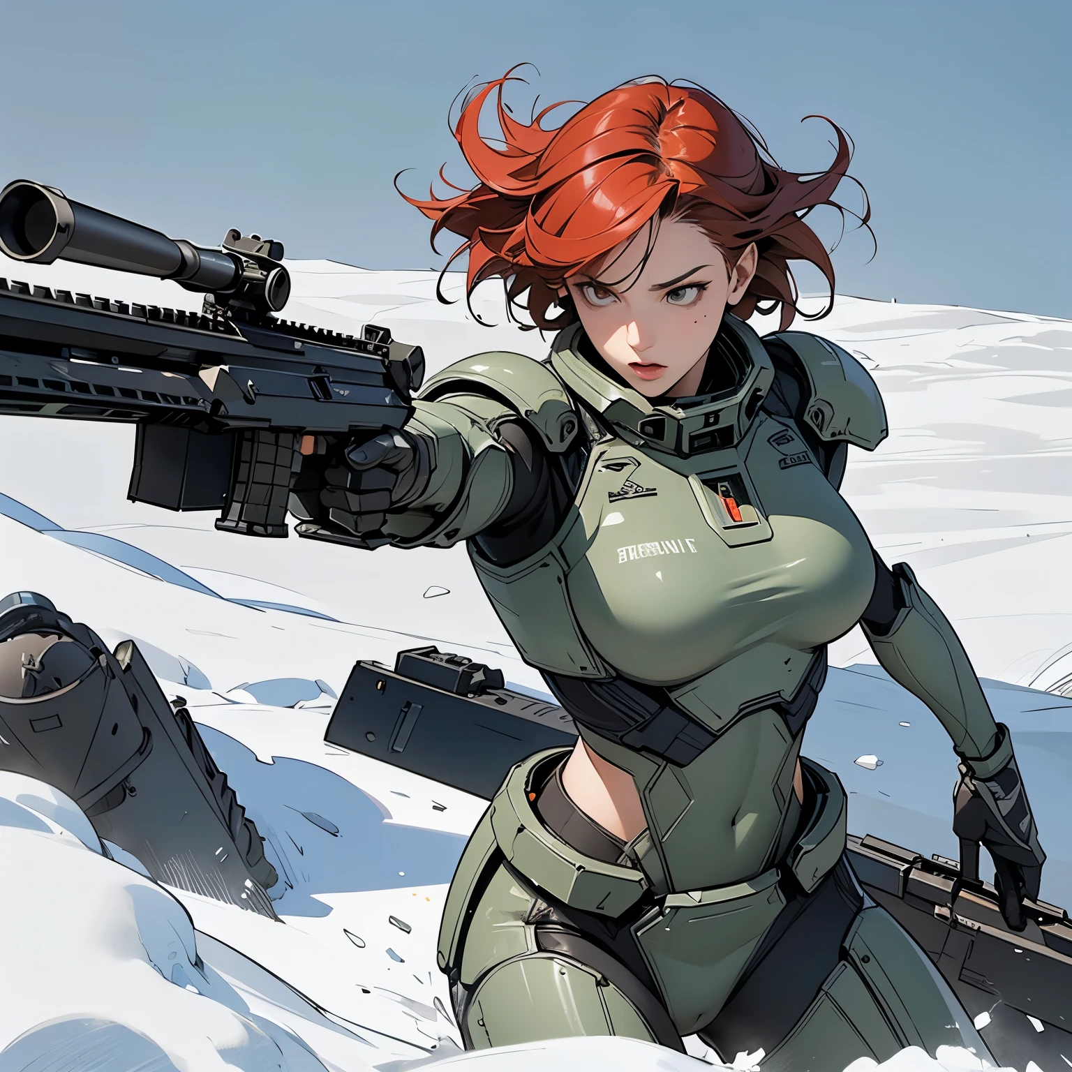 nsfw, anime screencap, 16K, perfect anatomy proportion body, perfect hands, action, A dynamic composition with a sense of speed and movement, (Hold an assault rifle:1.6), a wife, 40age, perfect beautiful delicate sexy face, perfect beautiful delicate slanted eyes, red hair, swept bangs pixie cut, medium breasts, abs, Camouflage-colored heavy armored steam engine full armor powered suit, Many heavily armored robot soldiers are engaged in a firefight in the background., Flying bullets, Snowy Battlefield, war, Post-apocalyptic,