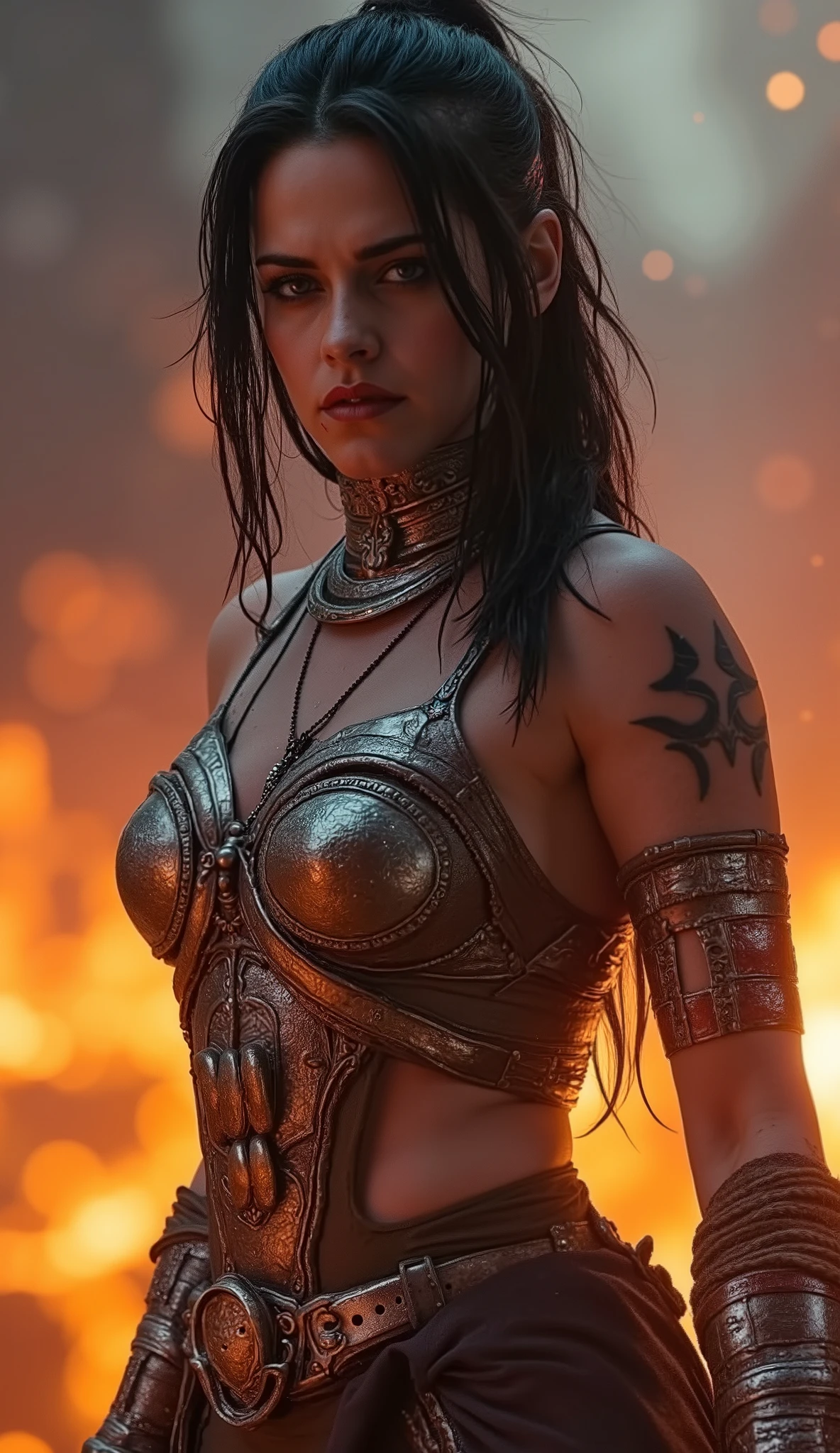 Kristen Stewart takes on the role of the stately and fierce Sheeva in a powerful reinterpretation of Queen Shokan in *Mortal Kombat*. His presence is colossal , with four muscular arms crossed in a dominant , while her greyish skin , marked by scars from past battles , under the light of the surrounding flames . Wearing warrior armor , shines with details in silver and blood-red , she exudes the grandeur of a born leader—someone who not only commands , but fighting on the front line with ruthless brutality .
Kristen Stewart's eyes , intense and charged with determination , convey the coolness of a warrior who has seen countless battles and survived them all . Her shaggy black hair falls over her powerful shoulders , a symbol of her indomitable nature . Her voice is firm and imposing , charged with the authority of a Shokan monarch who doesn't accept unanswered challenges .
on the battlefield, Kristen as Sheeva is a spectacle of pure destruction . Her blows are overwhelming—a single punch from any of her four arms can throw an adversary to the ground. , while her brutal jumps crush her enemies with the force of a titan . Her mastery of the technique "Dragon Drop " it makes her unpredictable , attacking from above with devastating precision .
When she roars , making the ground shake under her feet , it's clear that Kristen Stewart, like Sheeva, isn't just a guerril—she's a symbol of brute force and indestructible kingship. A queen who asks for no respect , but imposes it , posture that makes sure that no one ever forgets the power of the Shokan .