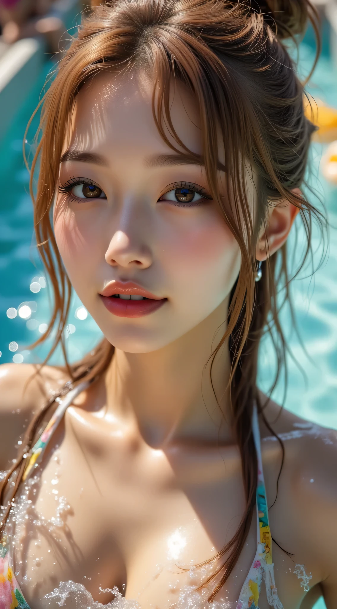 Realistic (photorealistic Realism), (high resolution), ((intricately detailed digital art)), professional photography, ((portrait)),(a cute and very beautiful, 1 Japanese girl, famous Japanese Kpop idol:1.3), (ultra realistic texture details: velvety skin, hair),(close-up of her eyes),((sharp focus, no blurry eyes, high resolution, absurd quality, Realistic brown_eyes:1.4),intricately detail:1.35),((extremely fine details eyes))((extra narrow eyebrows))(extremely fine details pupils).,((focus on the face, open mouth, joyful expression)),((perfect dark_eyeshadows:1.4)),(apply glossy red_lipstick:1.3),(perfect proportions:1.2),(anatomically correct), perfect female body, full bodyesbian, ((Beautiful long legs in good style:1.35)), ((no bra, no panties:1.3)), (medium butt), (skinny body build),(perfect hot model body:1.4), ((slim belly: 1.2)), (muscular body), (Beautiful bikini, made of PVC ribbon), ((Micro Slingshot Swimsuit: 1.25)), ((Wear Micro Sling Made of ((ultra Narrow,, Sparkly neon)), Tight, PVC Ribbon: 1.3)), ((Golden Hair,Long Hair,two side up,Crossed bangs,between hair)), ((Sunny fun on the AquaLoop water slide)), ((Big AquaLoop water slide)), ((Sunny fun on the AquaLoop water slide)), ((wet scene, due to water splashes, ((lightning, dynamic pose, beautiful and detailed water-soaked hair, clothes)), ((water droplets on the body, water flowing from the hair onto the body:1.2))).,, dslr, high quality split lighting, sharp focus captured by Fujifilm XT3, f 5.6,(perfect composition),((look at the viewer)), (((FULL BODY:1.35))),