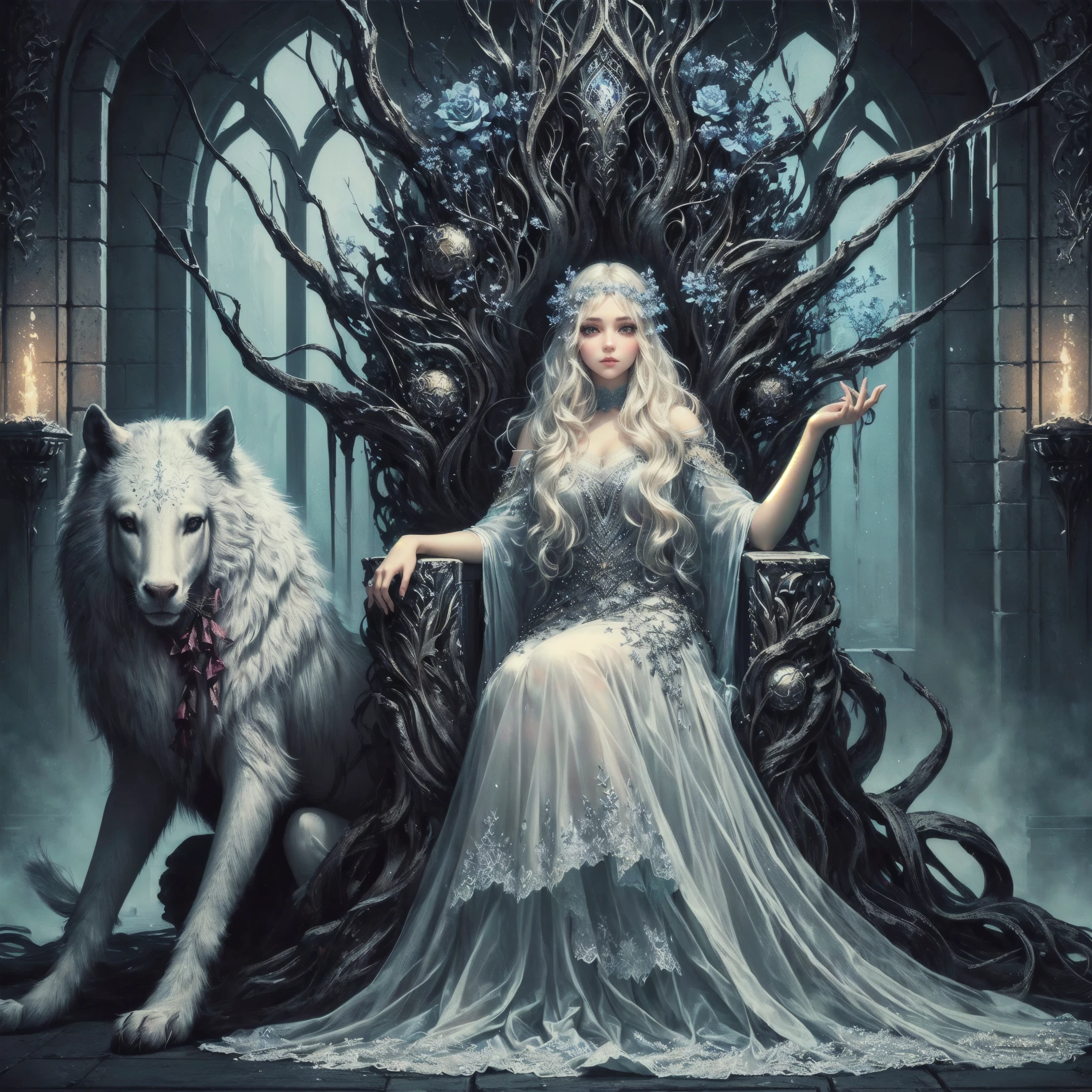 1990s \(Estilo\), retro artEstilo, (Toma de cuerpo completo), Hel from Norse mythology sitting in a dark, spooky forest talking to the spirit of animals.