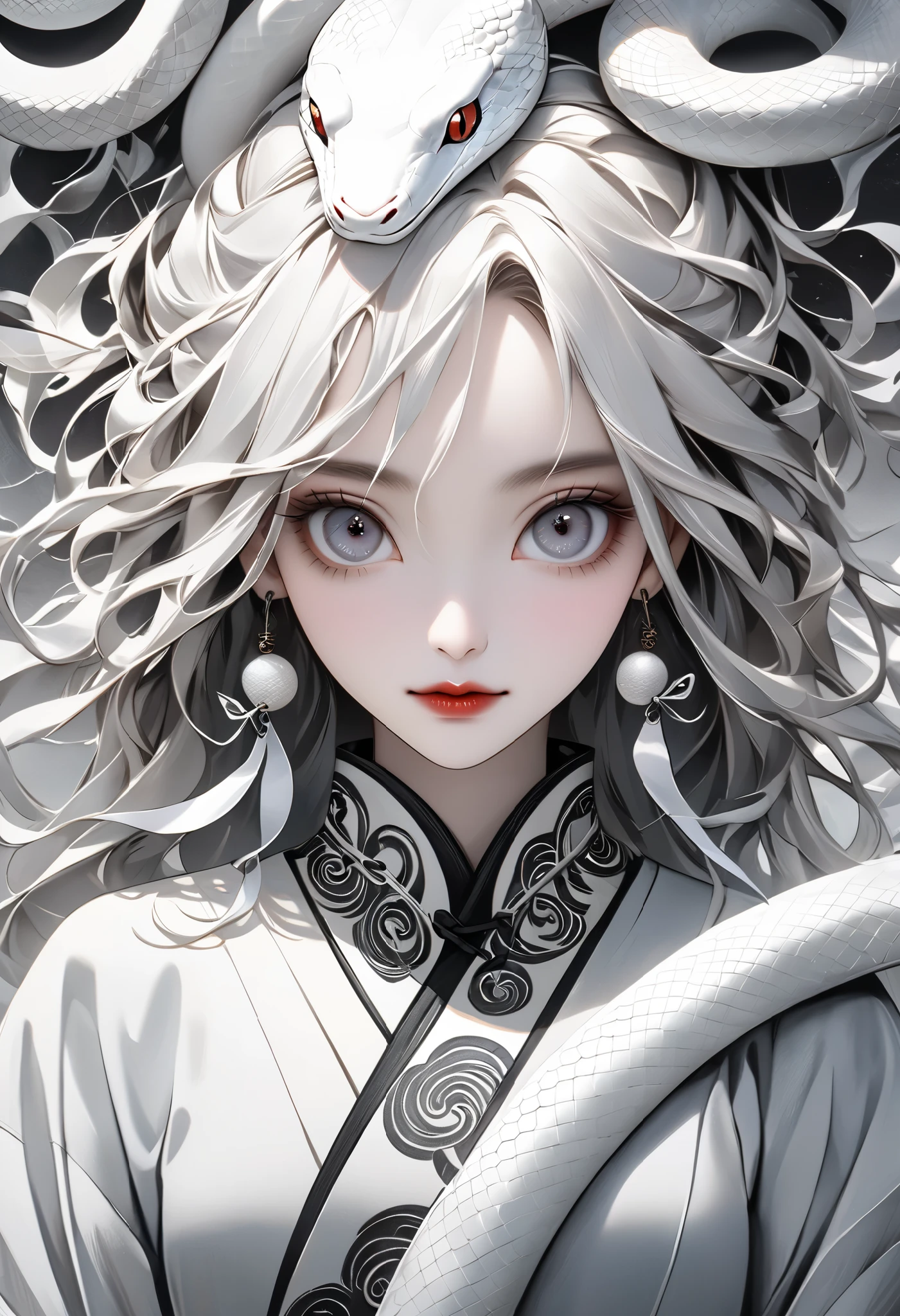 Digital art symbolizing the white snake, white snakes on both sides, Art design reminiscent of ancient Chinese hanging scrolls, A woman incarnated as a snake stands in the middle, (Woman close-up1.2), (High Definition, masterpiece, Accurate, top quality, High Definition model, high detail, (((Tim Burton style))),