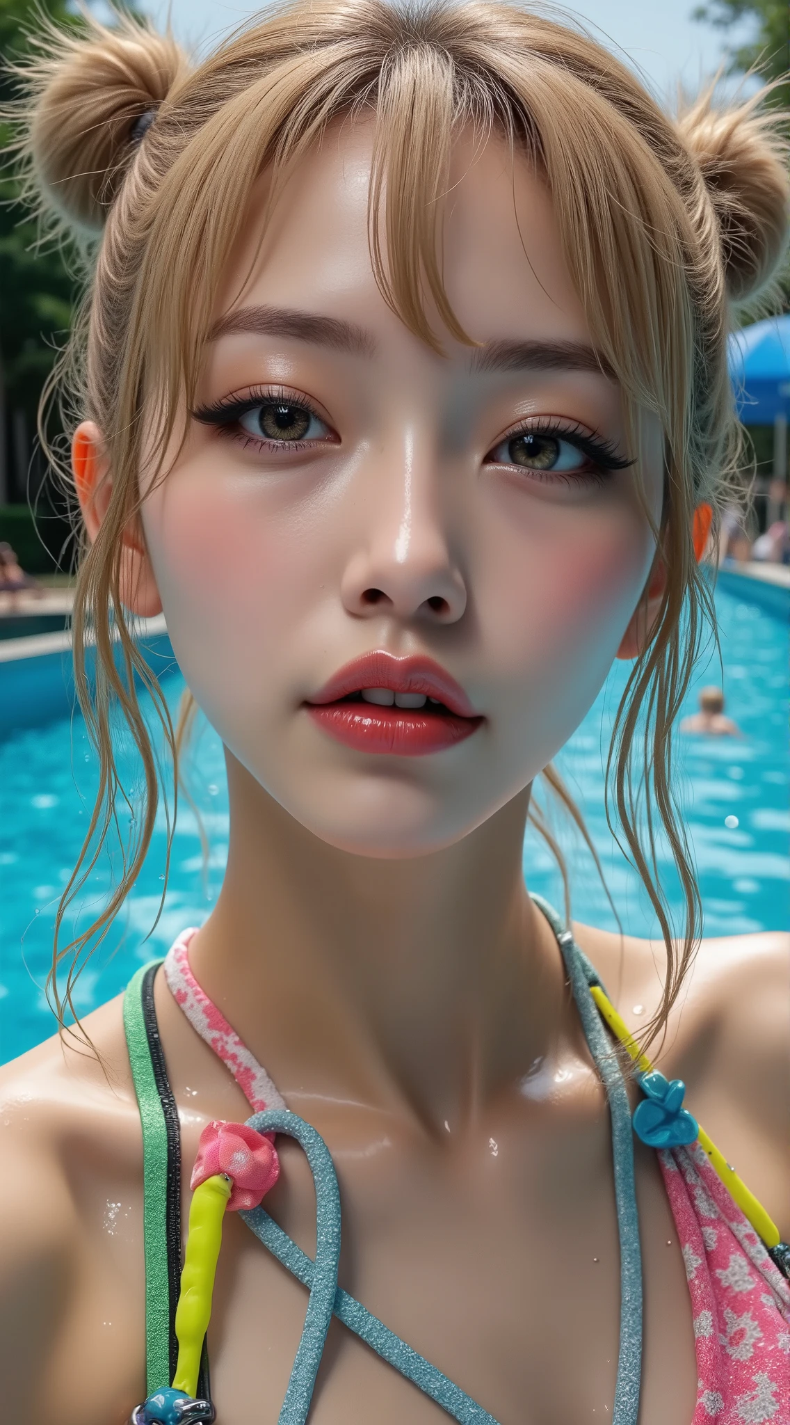 Realistic (photorealistic Realism), (high resolution), ((intricately detailed digital art)), professional photography, ((portrait)),(a cute and very beautiful, 1 Japanese girl, famous Japanese Kpop idol:1.3), (ultra realistic texture details: velvety skin, hair),(close-up of her eyes),((sharp focus, no blurry eyes, high resolution, absurd quality, Realistic brown_eyes:1.4),intricately detail:1.35),((extremely fine details eyes))((extra narrow eyebrows))(extremely fine details pupils).,((focus on the face, open mouth, joyful expression)),((perfect dark_eyeshadows:1.4)),(apply glossy red_lipstick:1.3),(perfect proportions:1.2),(anatomically correct), perfect female body, full bodyesbian, ((Beautiful long legs in good style:1.35)), ((no bra, no panties:1.3)), (medium butt), (skinny body build),(perfect hot model body:1.4), ((slim belly: 1.2)), (muscular body), (Beautiful bikini, made of PVC ribbon), ((Micro Slingshot Swimsuit: 1.25)), ((Wear Micro Sling Made of ((ultra Narrow,, Sparkly neon)), Tight, PVC Ribbon: 1.3)), ((Golden Hair,Long Hair,two side up,Crossed bangs,between hair)), ((Sunny fun on the AquaLoop water slide)), ((Big AquaLoop water slide)), ((Sunny fun on the AquaLoop water slide)), ((wet scene, due to water splashes, ((lightning, dynamic pose, beautiful and detailed water-soaked hair, clothes)), ((water droplets on the body, water flowing from the hair onto the body:1.2))).,, dslr, high quality split lighting, sharp focus captured by Fujifilm XT3, f 5.6,(perfect composition),((look at the viewer)), (((FULL BODY:1.35))),