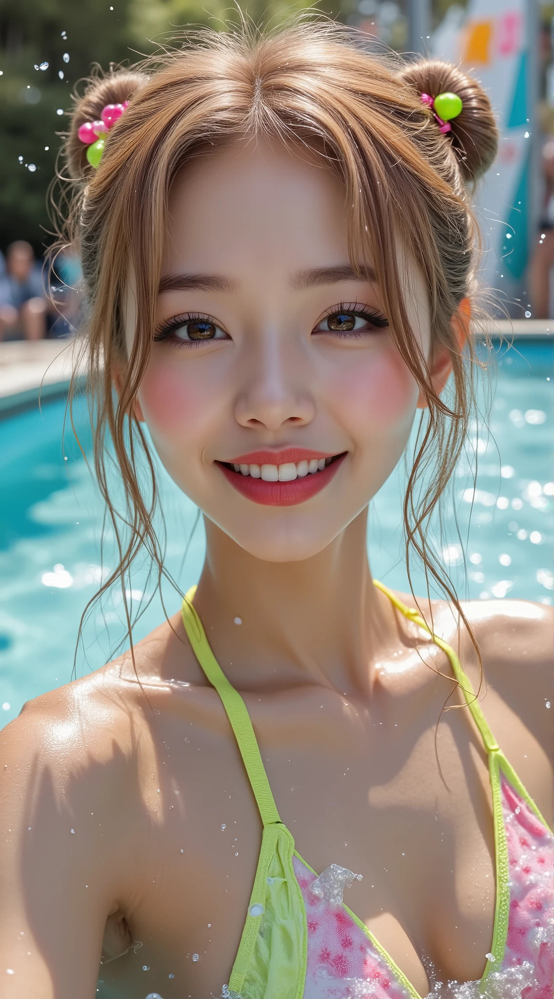 Realistic (photorealistic Realism), (high resolution), ((intricately detailed digital art)), professional photography, ((portrait)),(a cute and very beautiful, 1 Japanese girl, famous Japanese Kpop idol:1.3), (ultra realistic texture details: velvety skin, hair),(close-up of her eyes),((sharp focus, no blurry eyes, high resolution, absurd quality, Realistic brown_eyes:1.4),intricately detail:1.35),((extremely fine details eyes))((extra narrow eyebrows))(extremely fine details pupils).,((focus on the face, open mouth, joyful expression)),((perfect dark_eyeshadows:1.4)),(apply glossy red_lipstick:1.3),(perfect proportions:1.2),(anatomically correct), perfect female body, full bodyesbian, ((Beautiful long legs in good style:1.35)), ((no bra, no panties:1.3)), (medium butt), (skinny body build),(perfect hot model body:1.4), ((slim belly: 1.2)), (muscular body), (Beautiful bikini, made of PVC ribbon), ((Micro Slingshot Swimsuit: 1.25)), ((Wear Micro Sling Made of ((ultra Narrow,, Sparkly neon)), Tight, PVC Ribbon: 1.3)), ((Golden Hair,Long Hair,two side up,Crossed bangs,between hair)), ((Sunny fun on the AquaLoop water slide)), ((Big AquaLoop water slide)), ((Sunny fun on the AquaLoop water slide)), ((wet scene, due to water splashes, ((lightning, dynamic pose, beautiful and detailed water-soaked hair, clothes)), ((water droplets on the body, water flowing from the hair onto the body:1.2))).,, dslr, high quality split lighting, sharp focus captured by Fujifilm XT3, f 5.6,(perfect composition),((look at the viewer)), (((FULL BODY:1.35))),