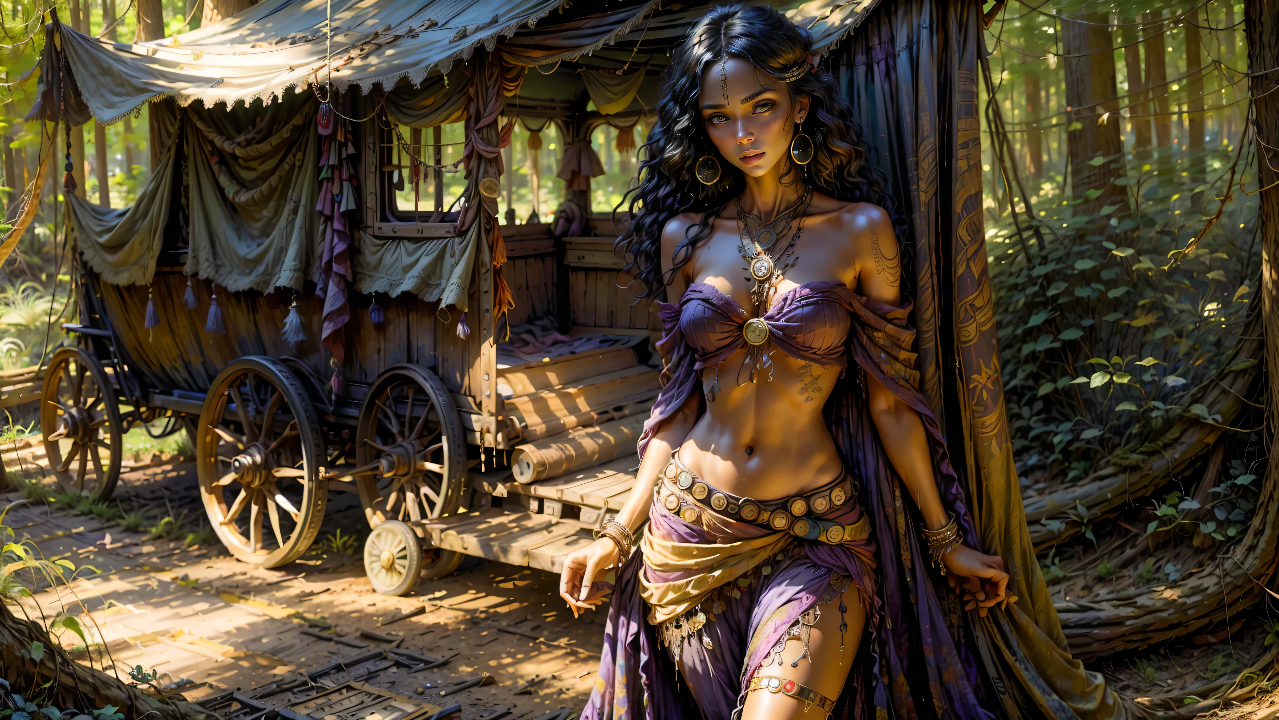 ((1girl, solo)), ((realistic)), Gypsy girl walking in the Louisiana swamp, , young girl, cute girl, fit, ((skinny)), ((small hips)), ((hair hanging straight down)), ((dark hair)), ((loose top)), midriff, ((top loosely draped over her breasts)), ((can see her breasts through her top)), looking at viewer, sexy, skirt low on hips, cowboy shot, (full body portrait), beautiful lips, sexy mouth, ribbons, beads, bangles, upper body, dark-eyed, bangs, Gypsy wagon and caravan in the background, ribbon, bayou, sunlight just leaking through, walking on wooded trail,