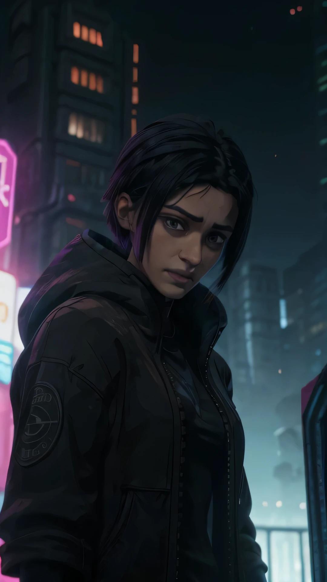 (Sofia Boutella: 0.8, buzzcut hair, black hoodie, resolute), dim lighting, cyberpunk background.